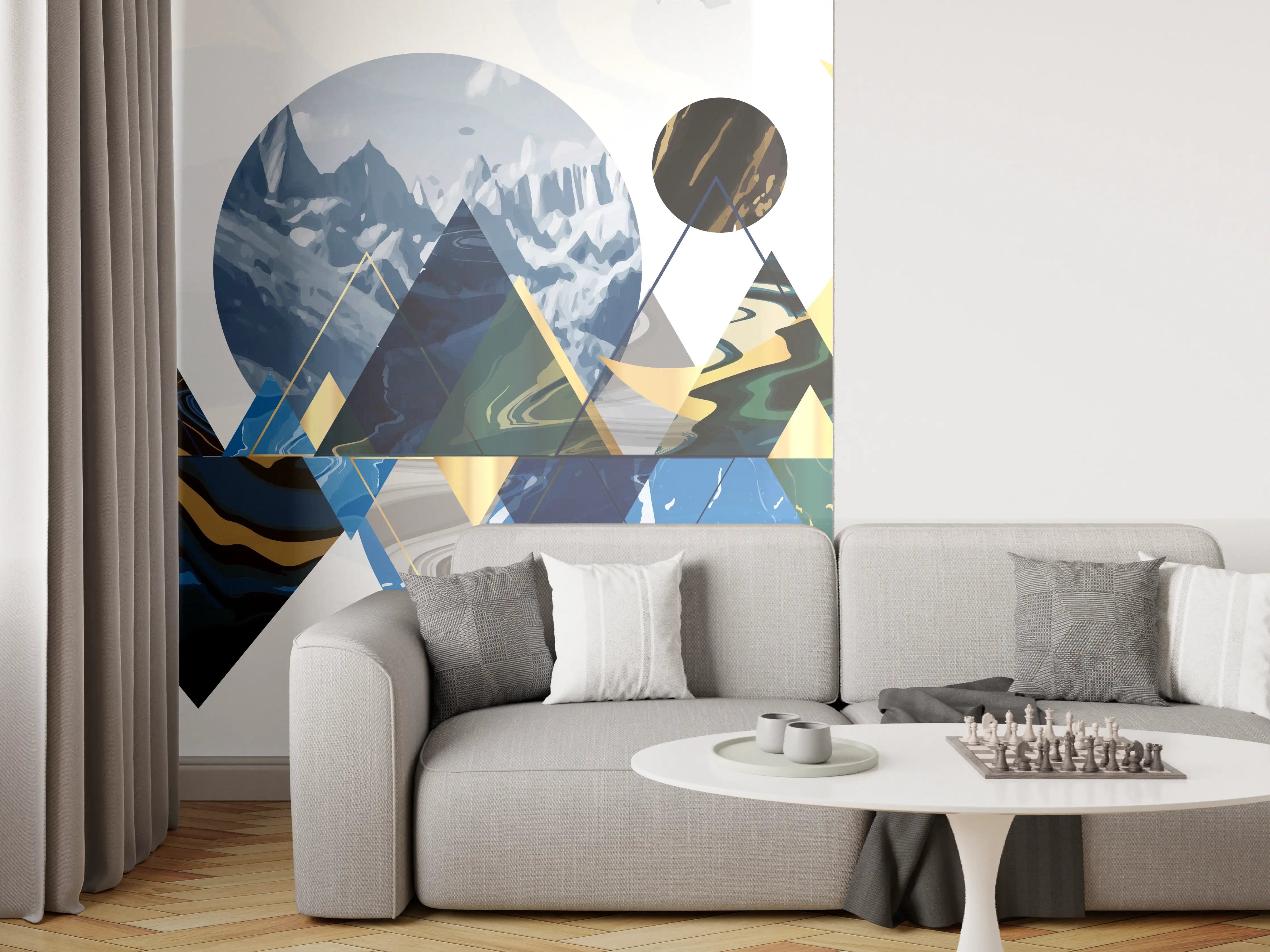 Wandverkleidung Wohnzimmer - Geometrische Berglandschaft in Blau