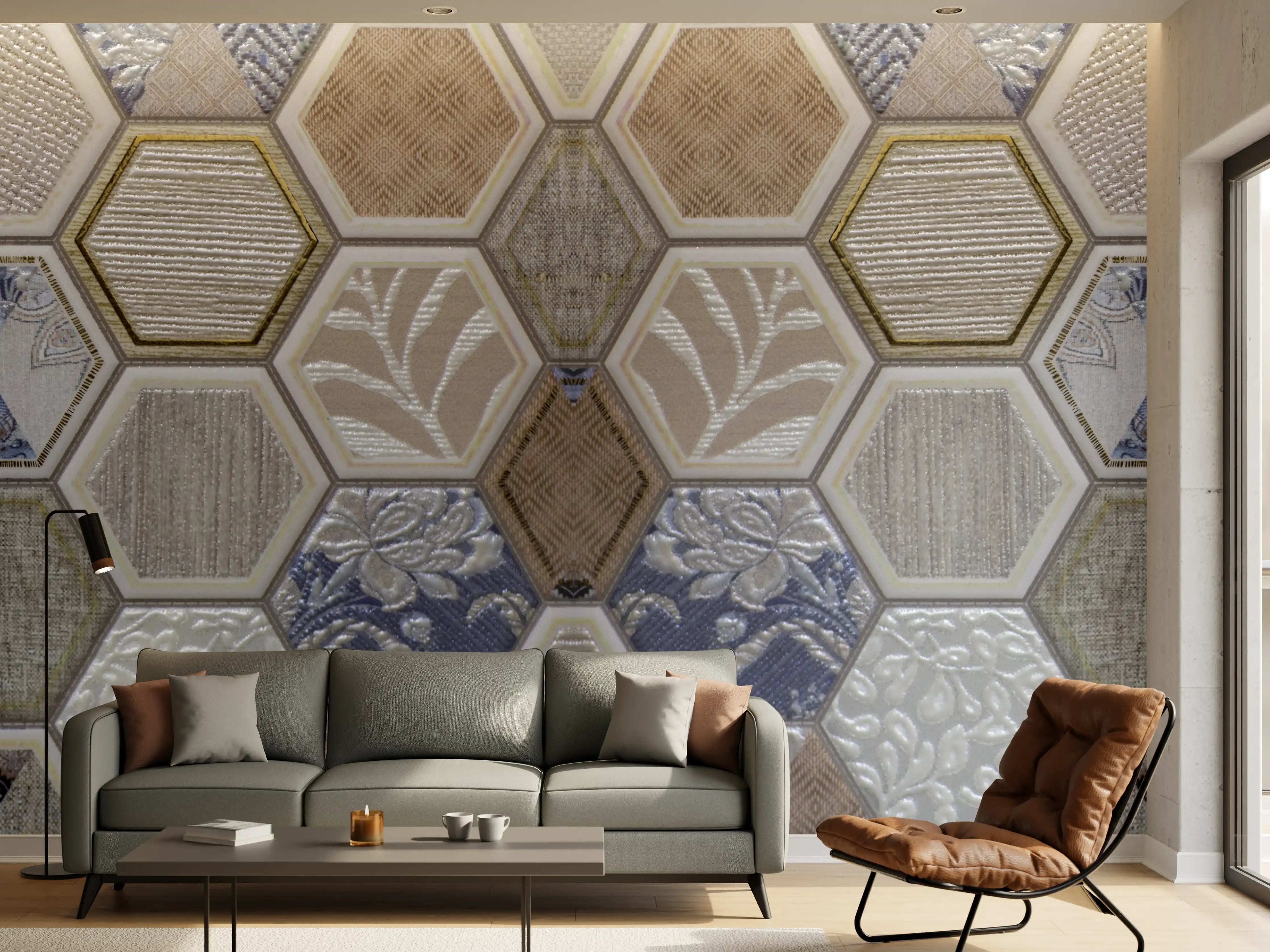 Wandverkleidung Wohnzimmer - Geometrische Blau-Beige Fliesen