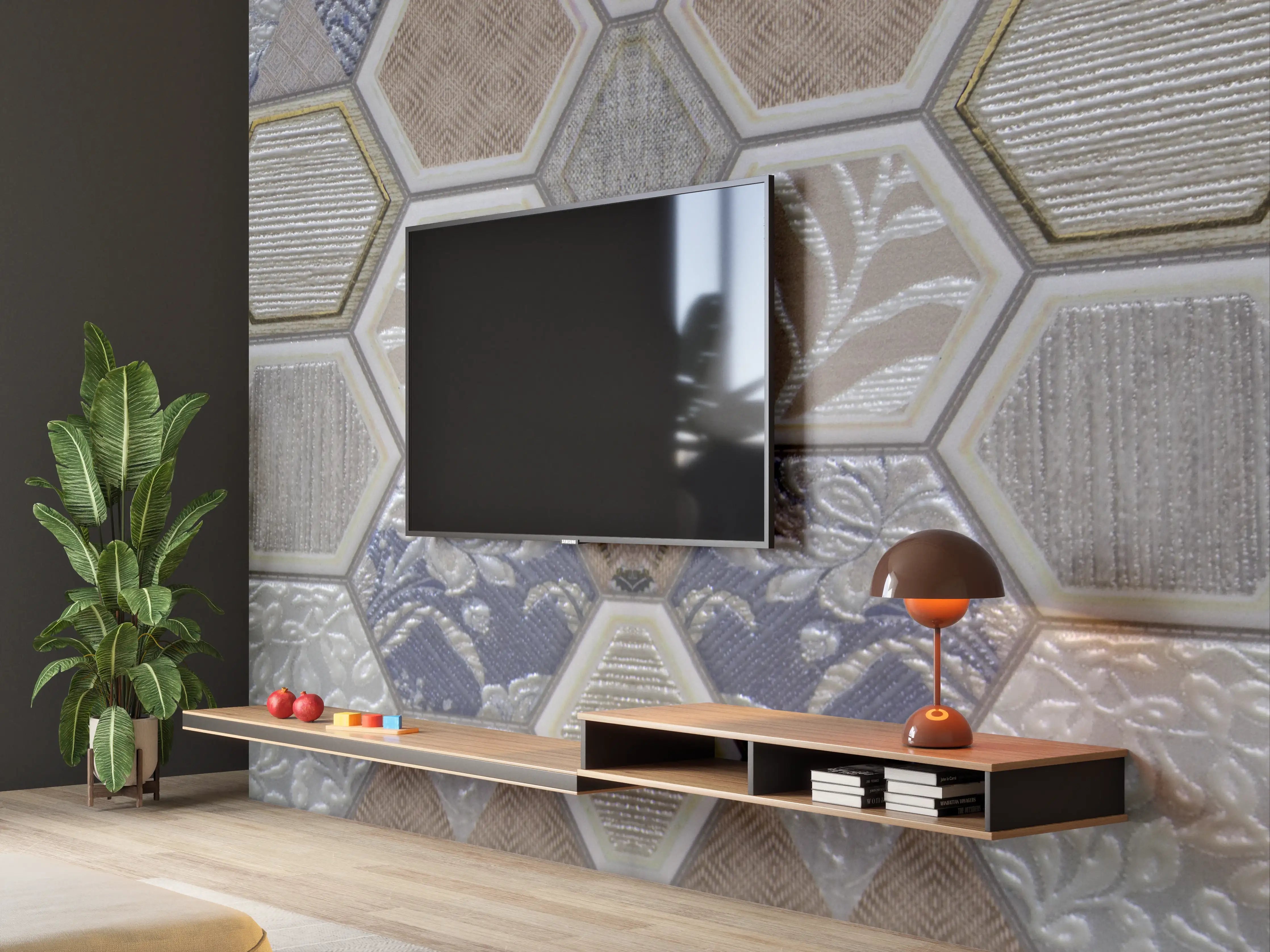 Wandverkleidung Wohnzimmer - Geometrische Blau-Beige Fliesen