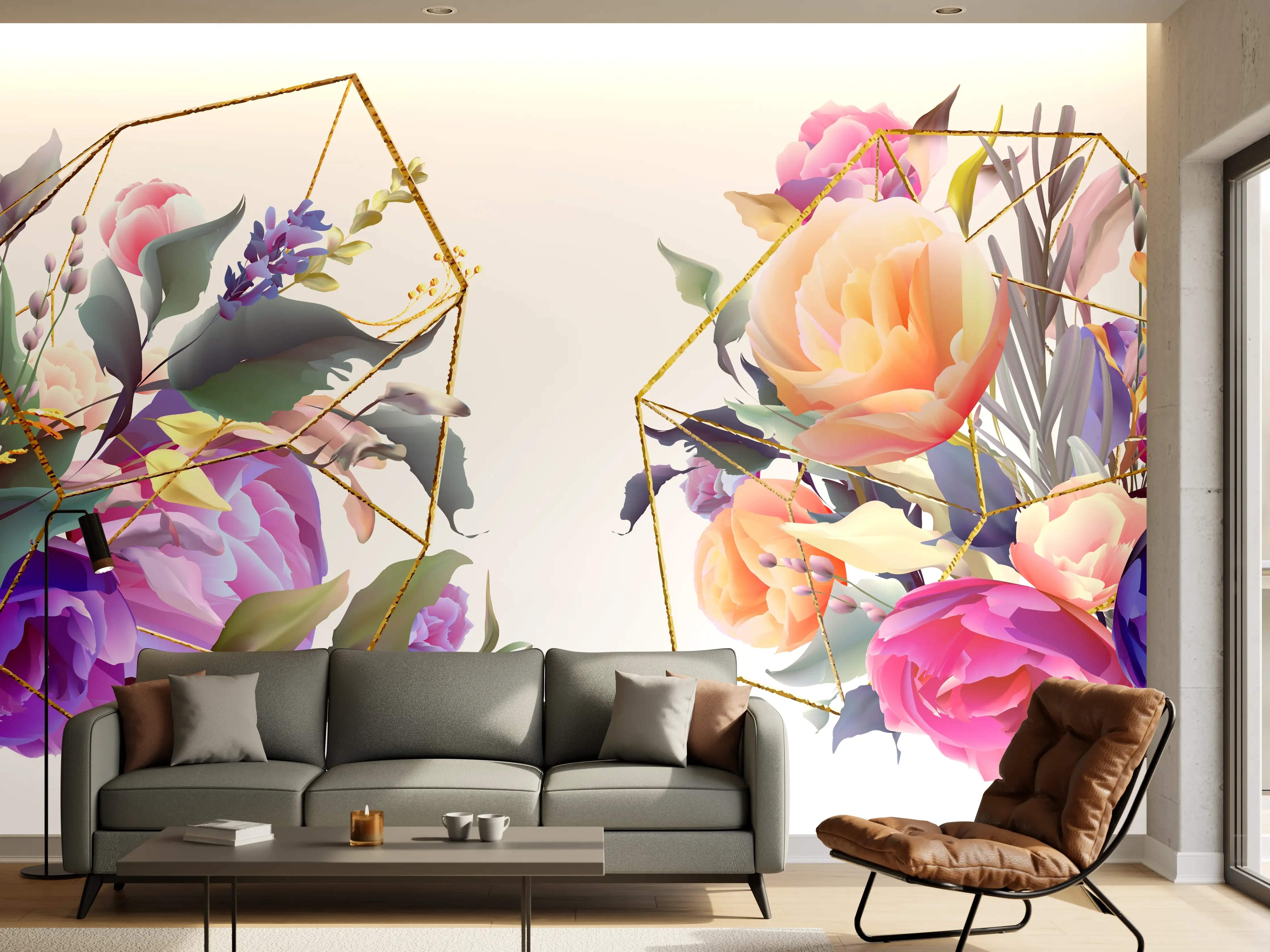 Wandverkleidung Wohnzimmer - Geometrische Blumen Goldglanz