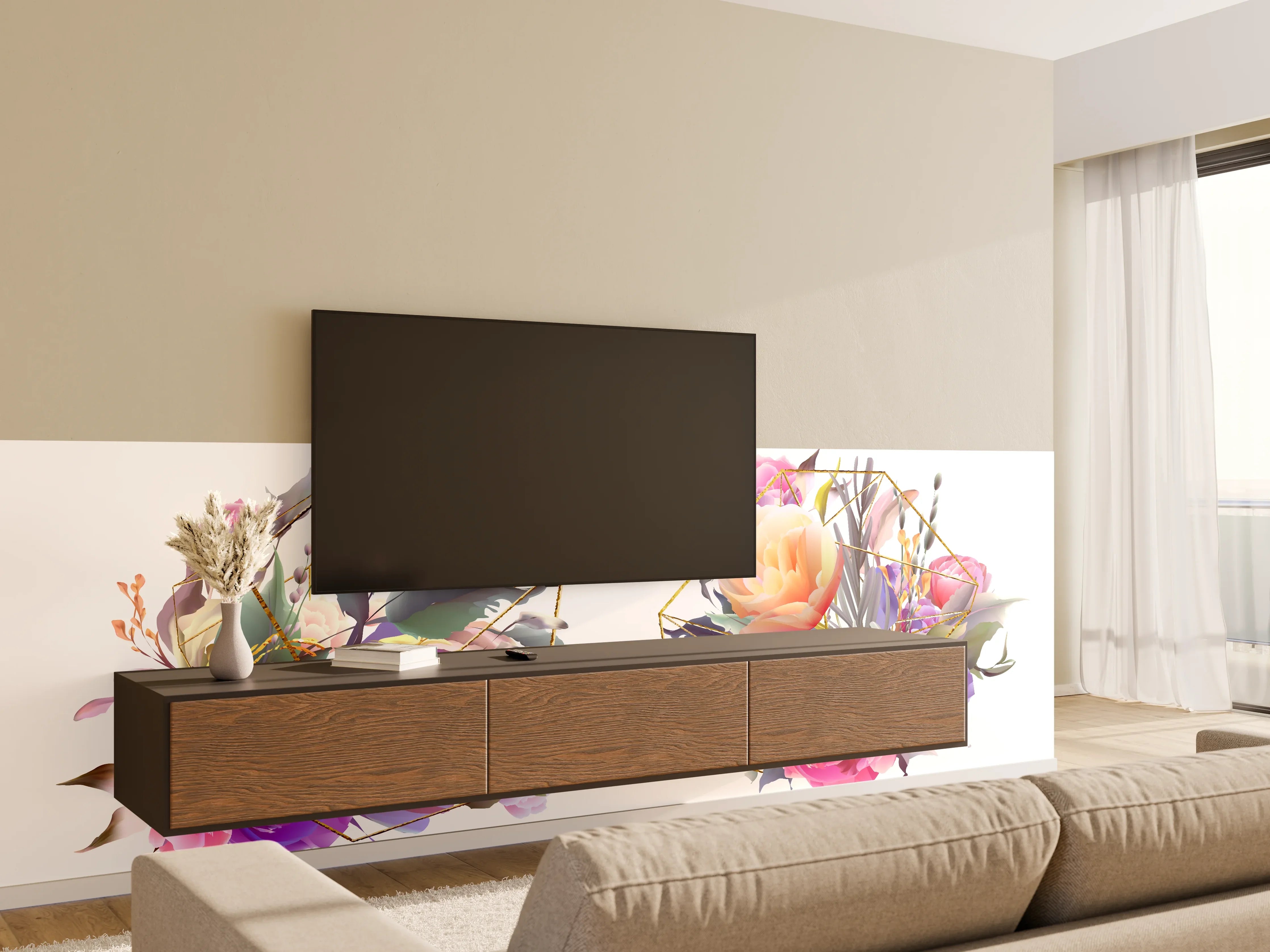Wandverkleidung Wohnzimmer - Geometrische Blumen Goldglanz