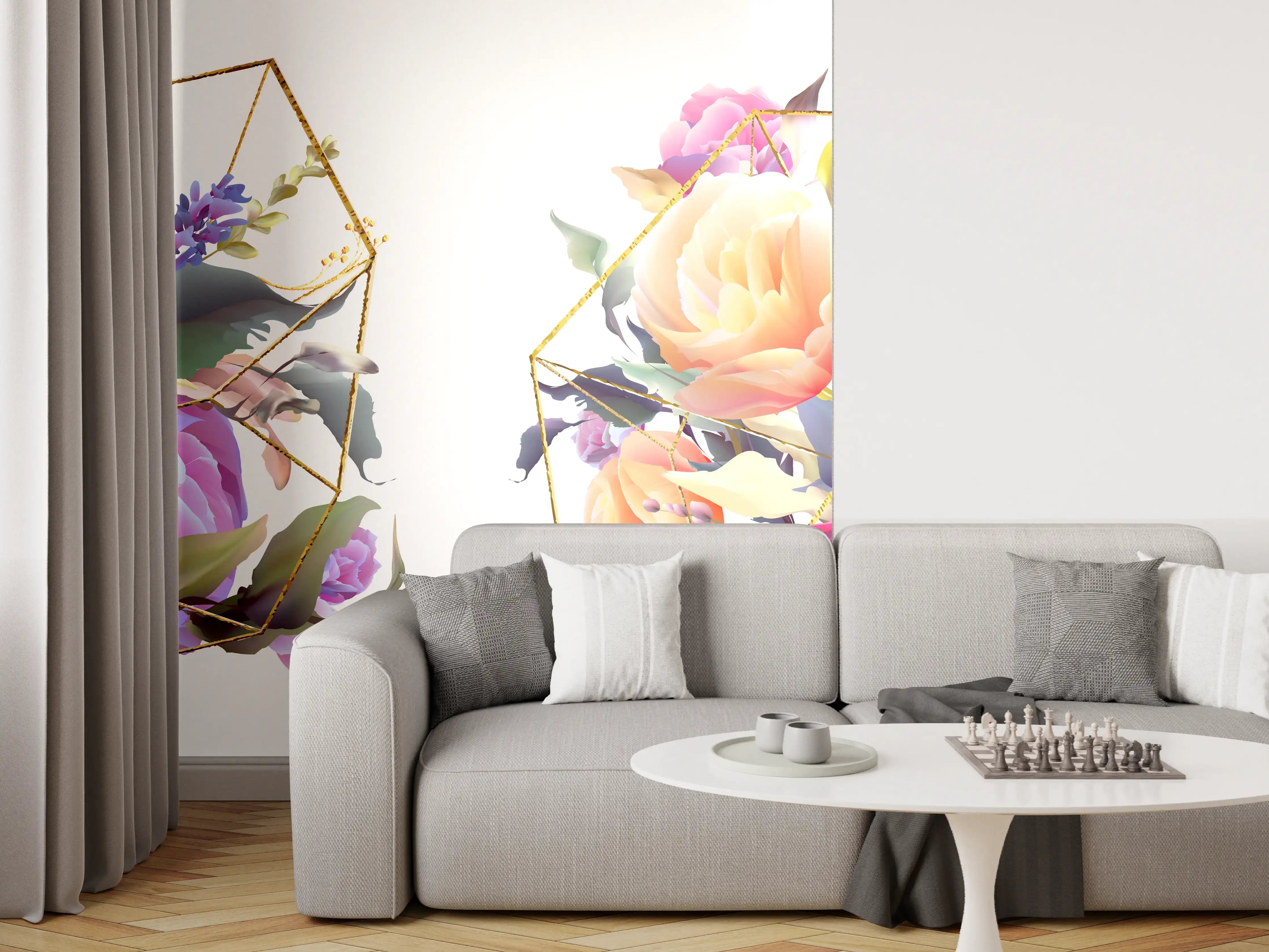 Wandverkleidung Wohnzimmer - Geometrische Blumen Goldglanz