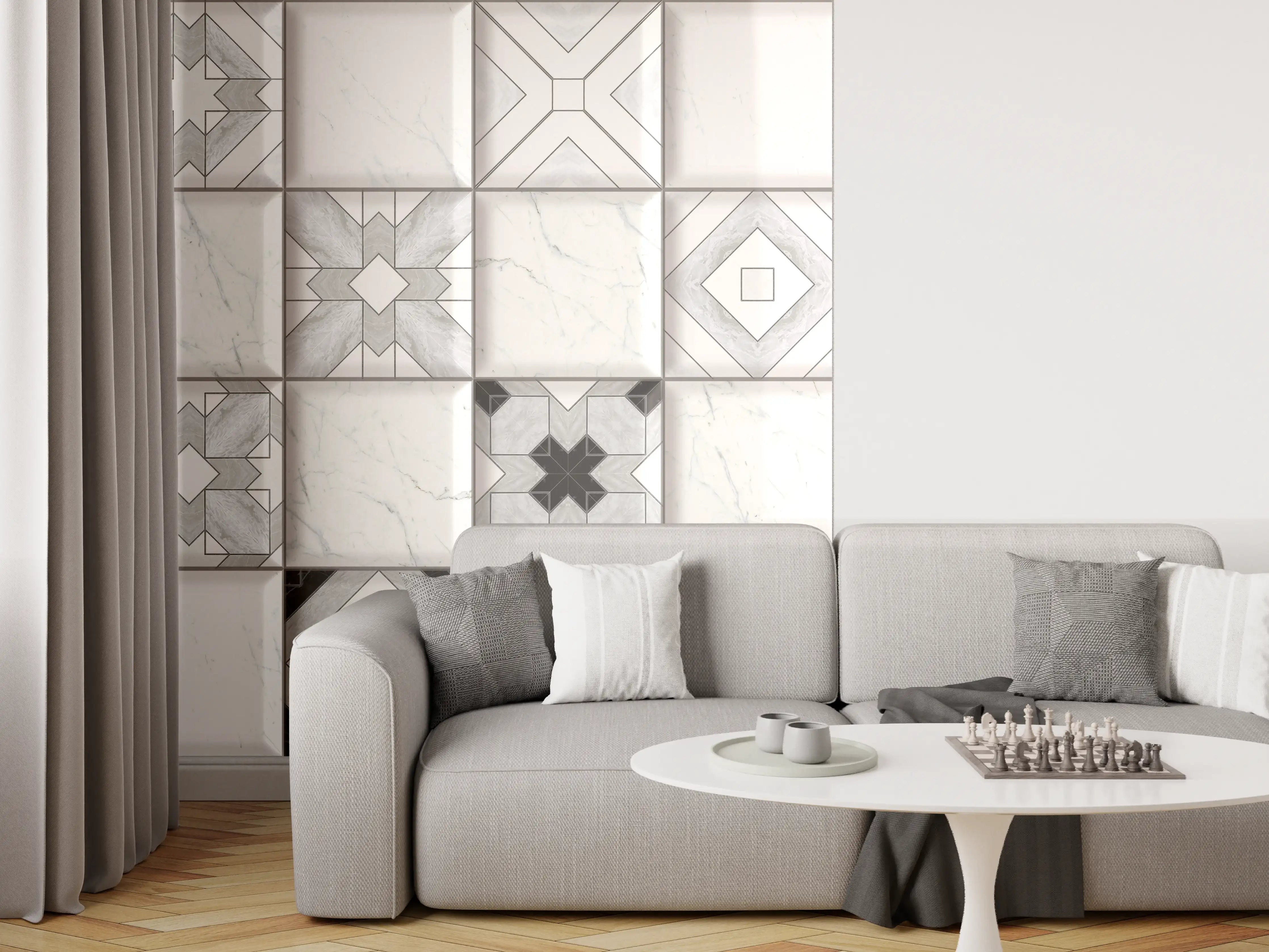 Wandverkleidung Wohnzimmer - Geometrische Weiß-Grau Wandfliesen