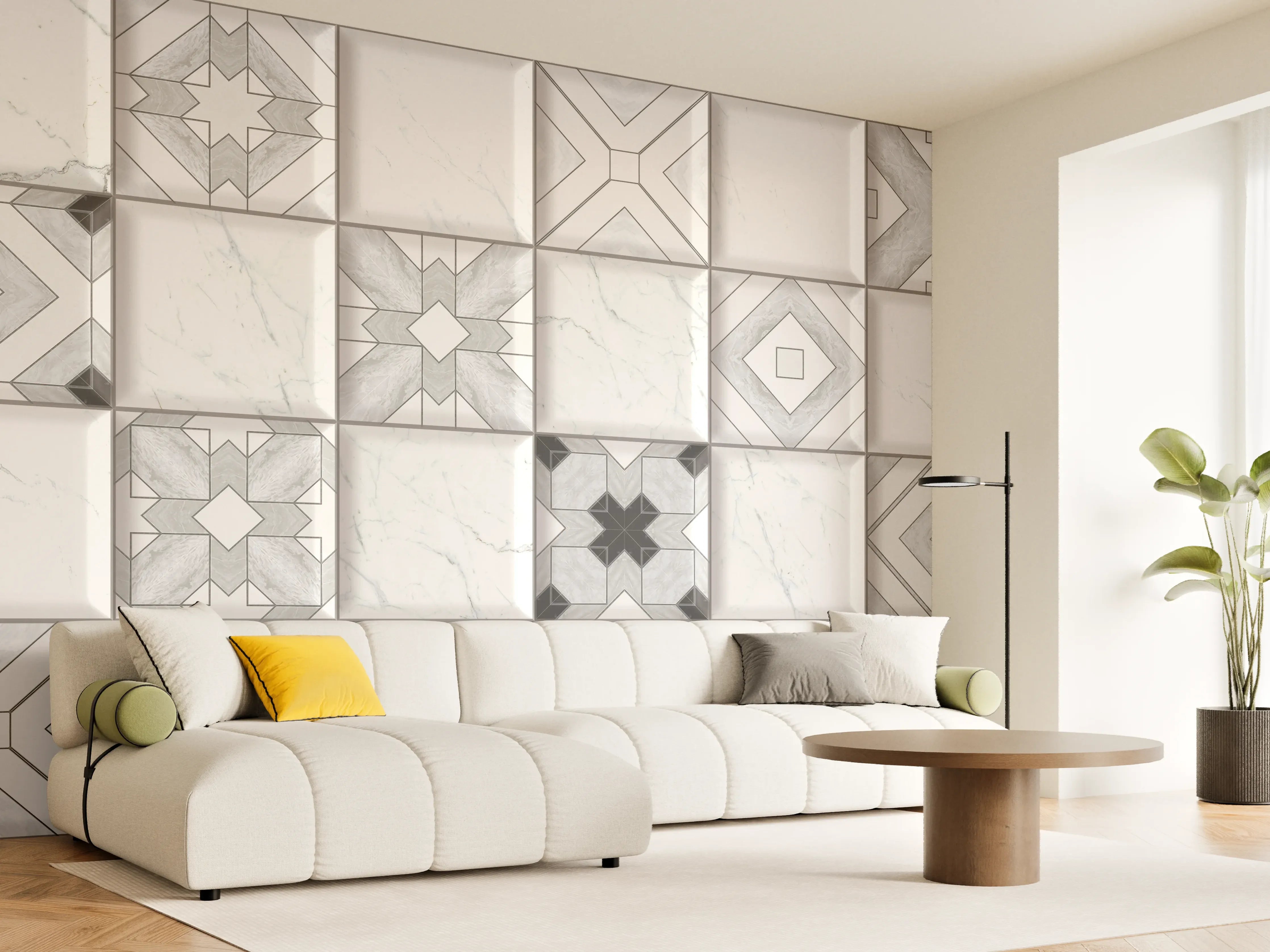 Wandverkleidung Wohnzimmer - Geometrische Weiß-Grau Wandfliesen