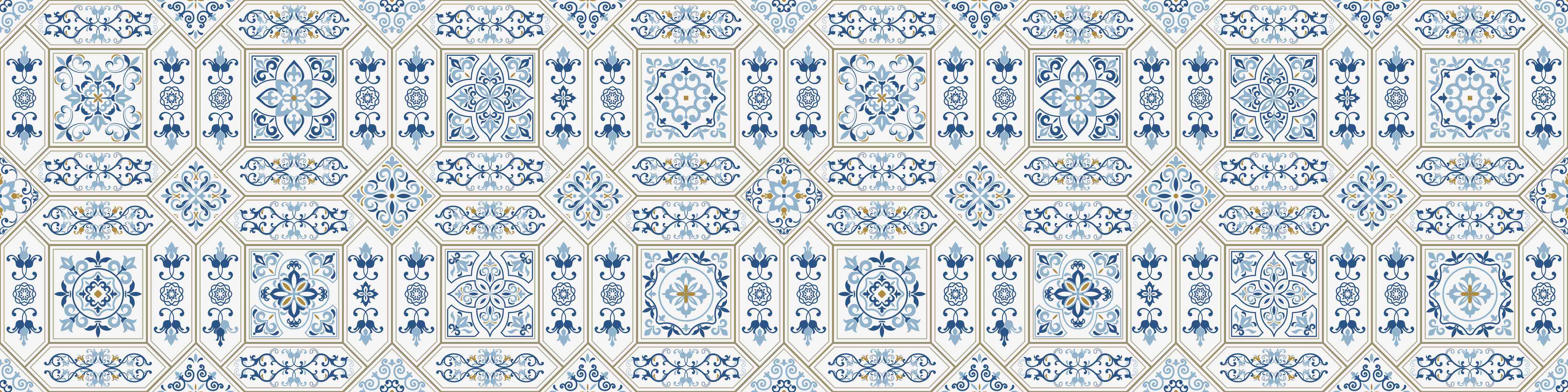 Wandverkleidung Wohnzimmer-Geometrisches Blau-Weiß-Muster