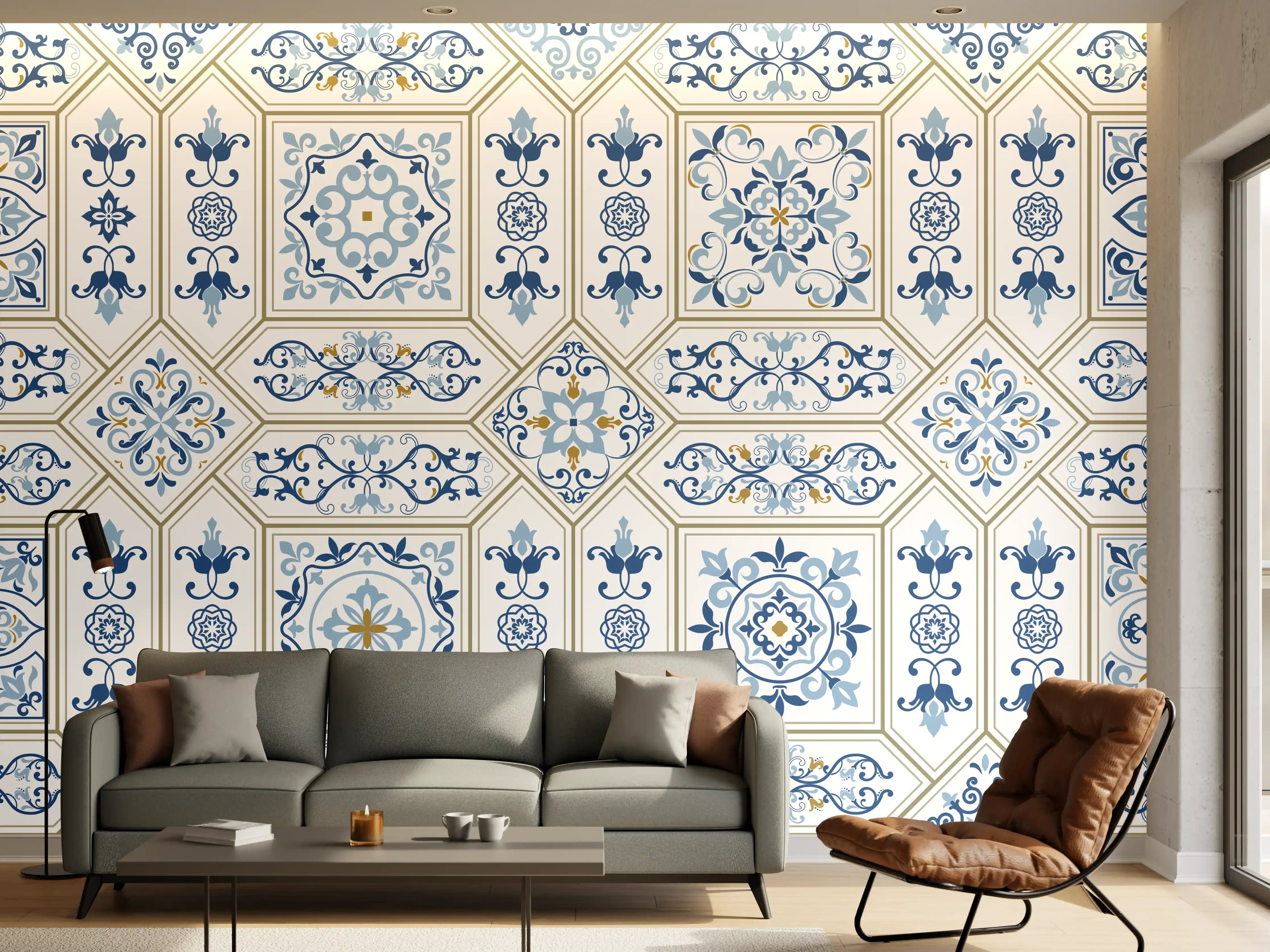 Wandverkleidung Wohnzimmer - Geometrisches Blau-Weiß-Muster