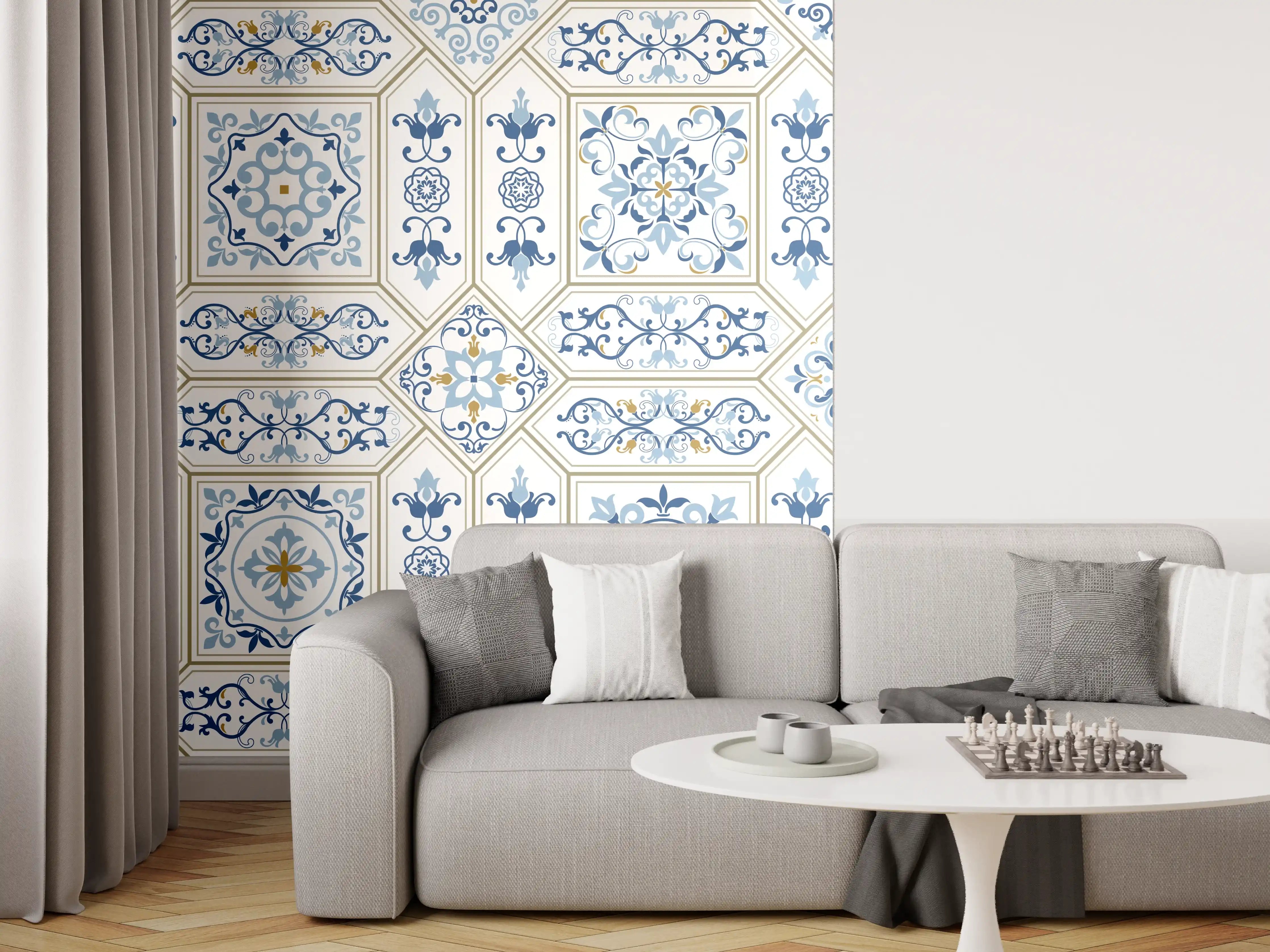 Wandverkleidung Wohnzimmer - Geometrisches Blau-Weiß-Muster