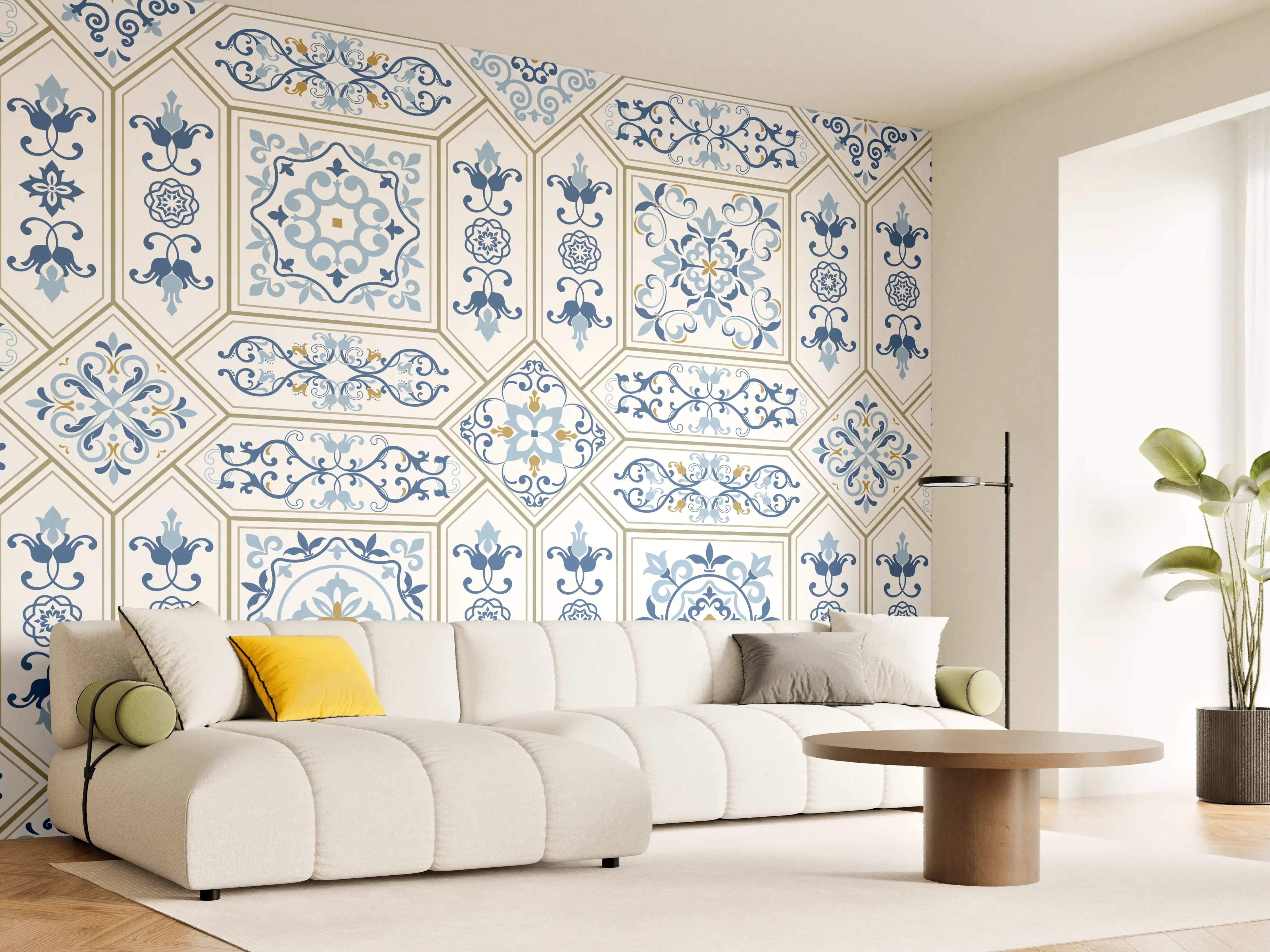 Wandverkleidung Wohnzimmer - Geometrisches Blau-Weiß-Muster