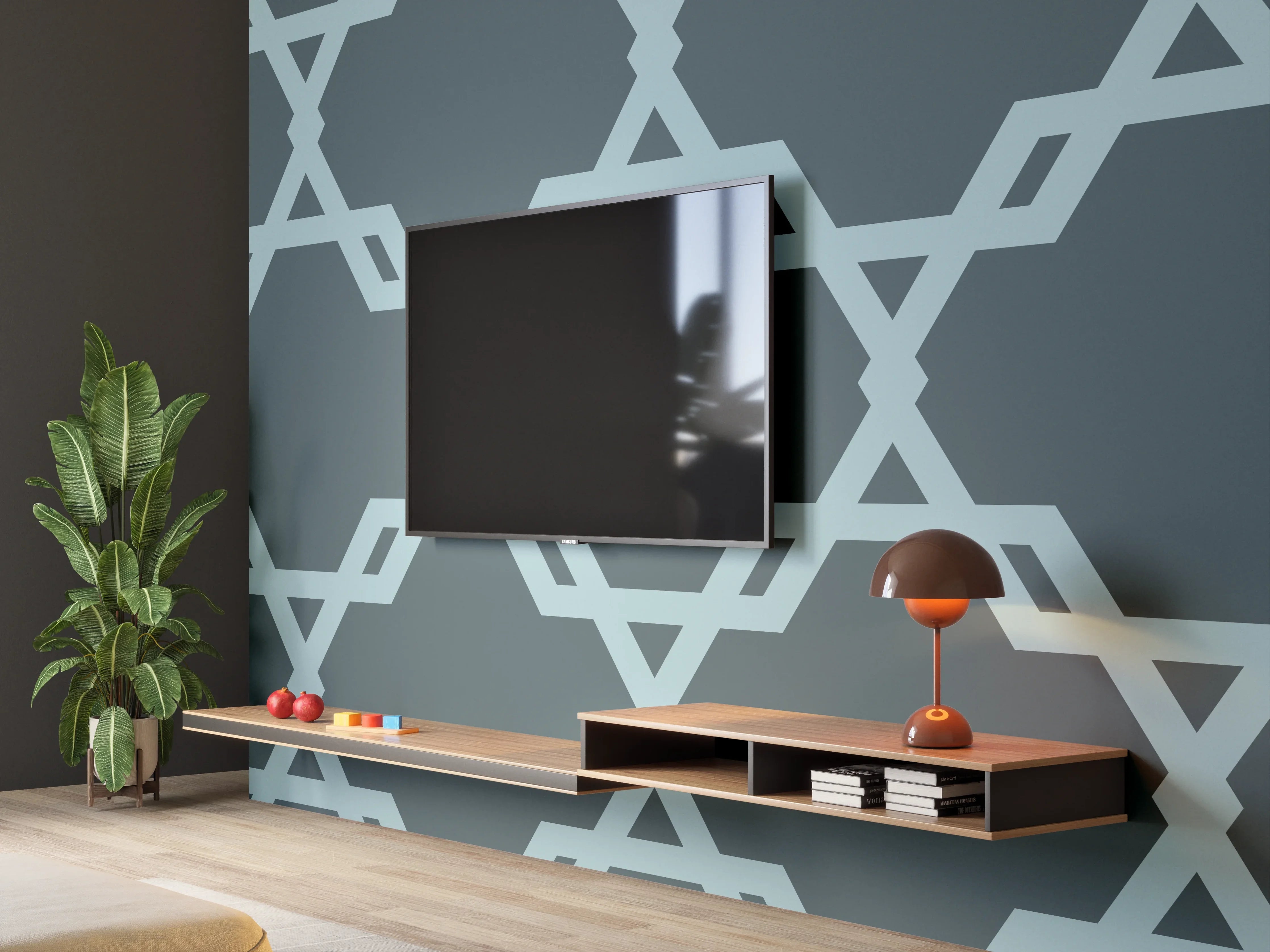 Wandverkleidung Wohnzimmer - Geometrisches Blaugrau Muster