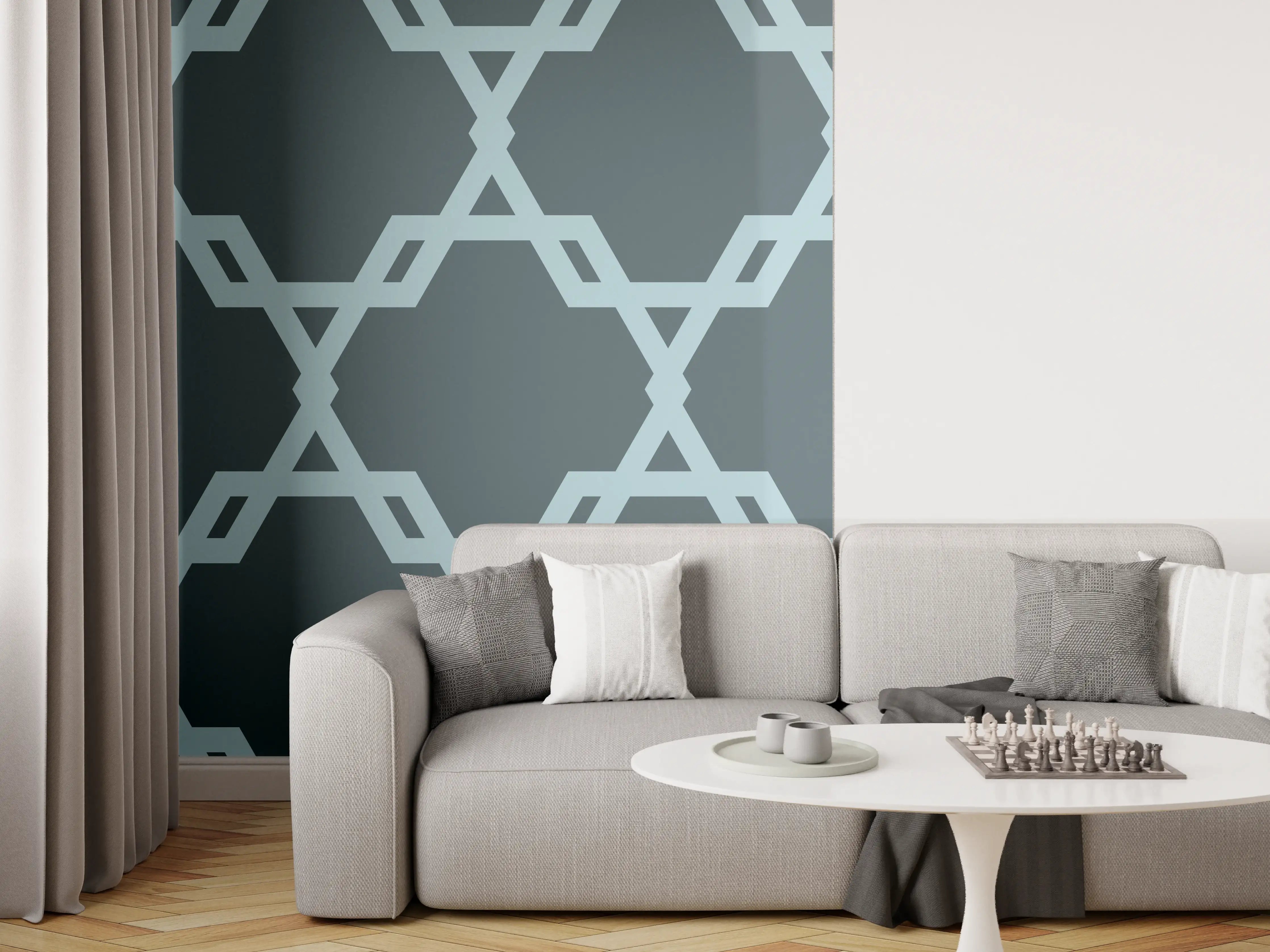 Wandverkleidung Wohnzimmer - Geometrisches Blaugrau Muster