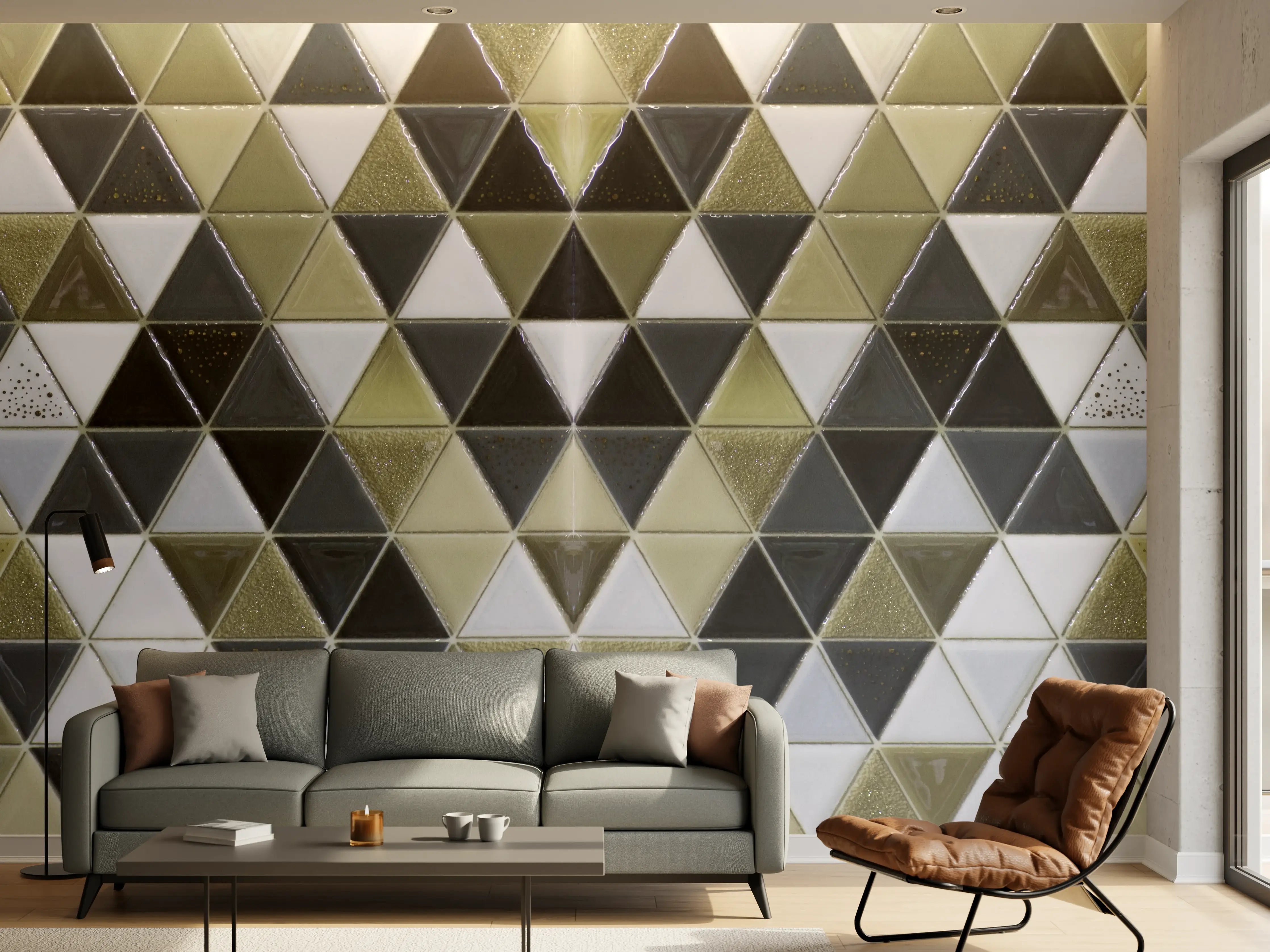 Wandverkleidung Wohnzimmer - Geometrisches Fliesenmuster Schwarz Weiß Gold