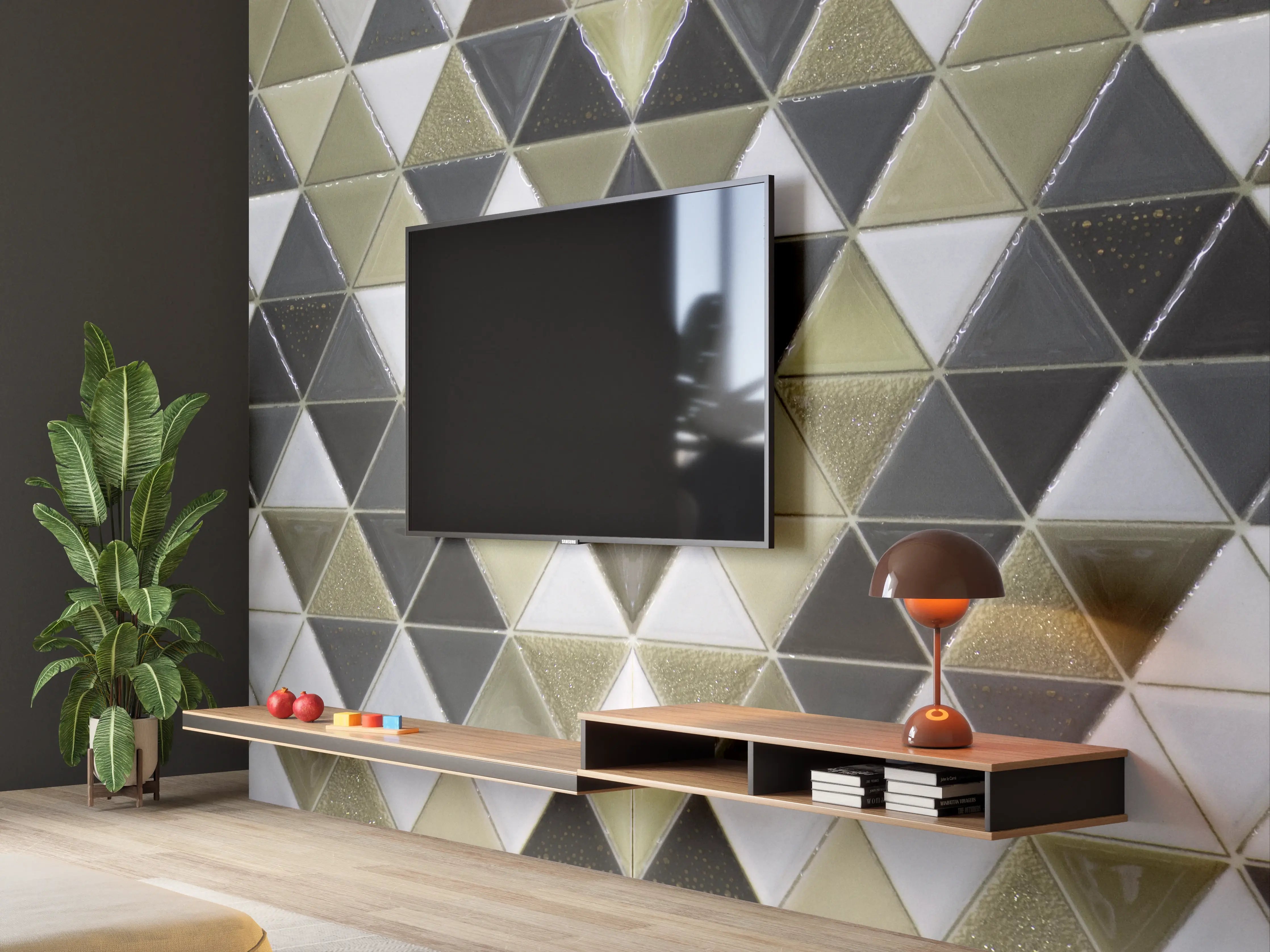 Wandverkleidung Wohnzimmer - Geometrisches Fliesenmuster Schwarz Weiß Gold