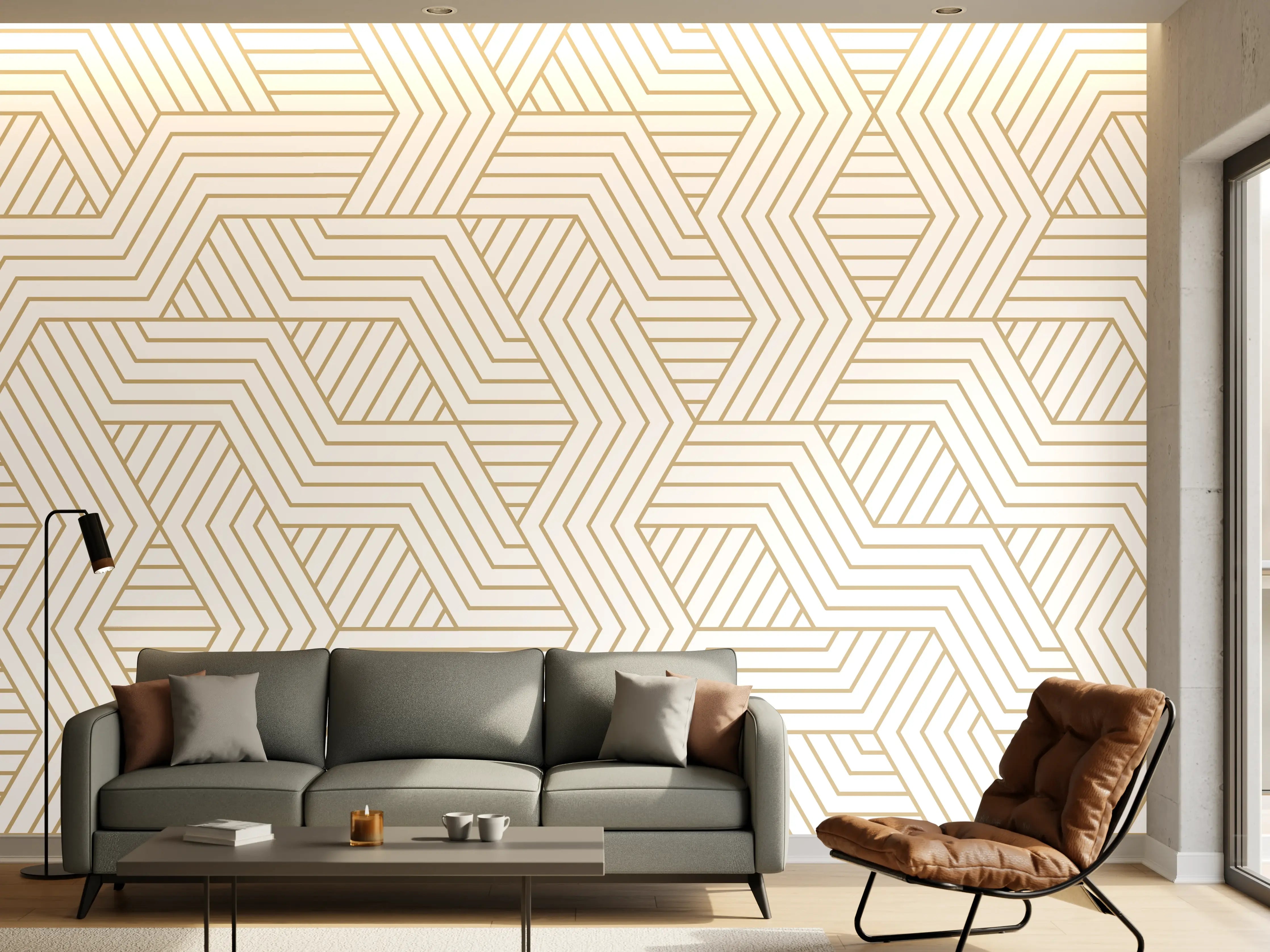Wandverkleidung Wohnzimmer - Geometrisches Gold-Weiß Muster