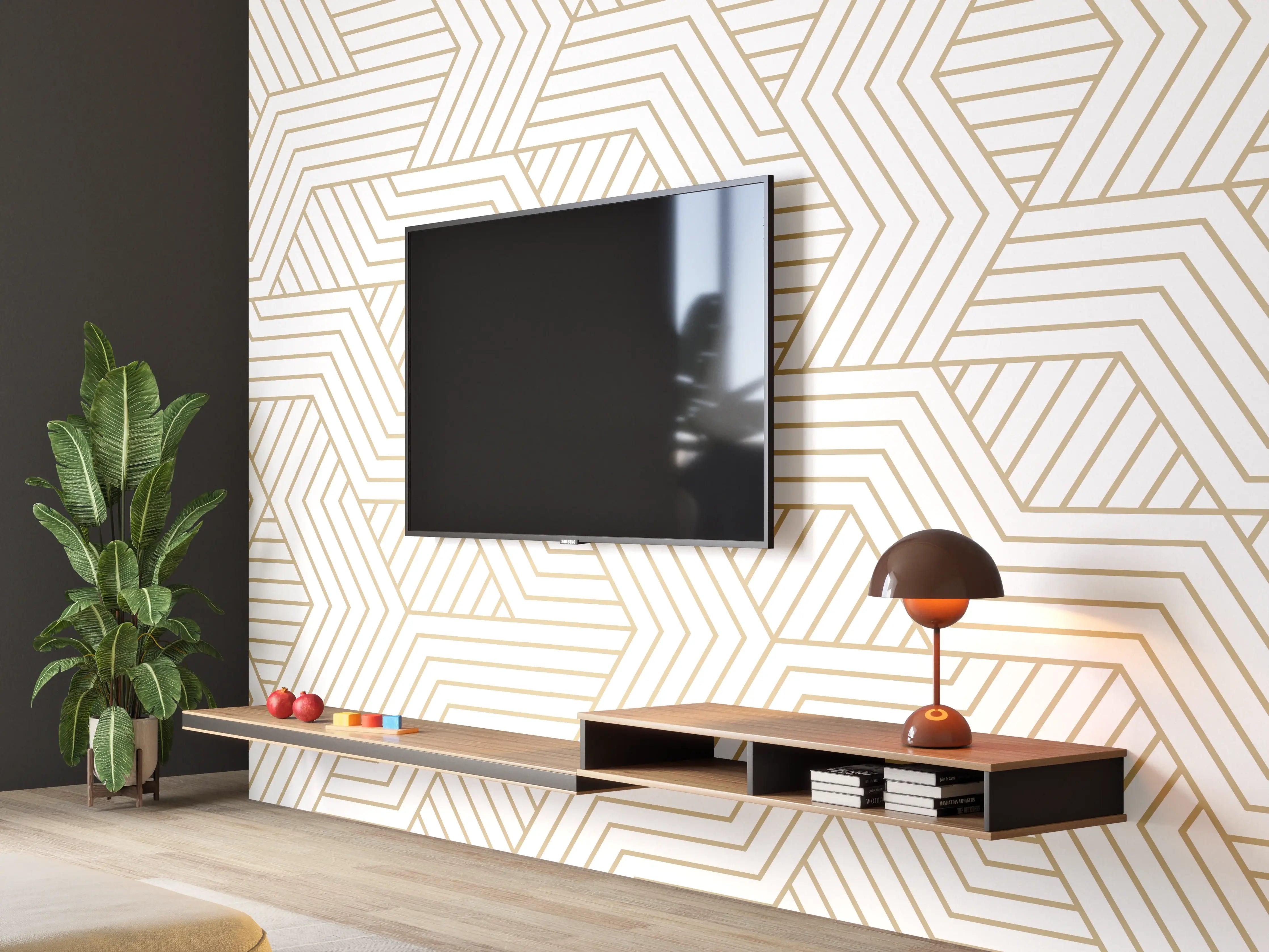 Wandverkleidung Wohnzimmer - Geometrisches Gold-Weiß Muster