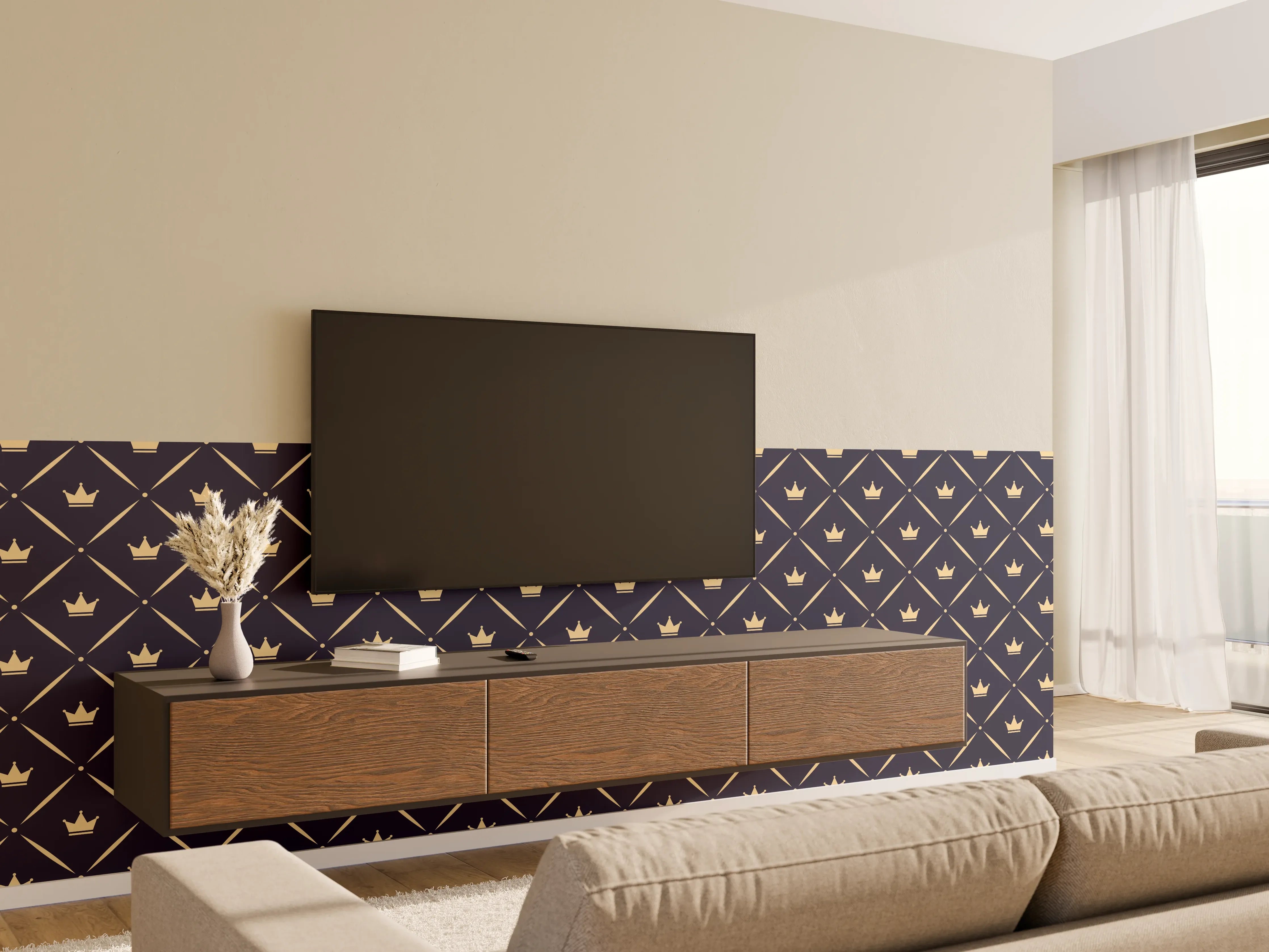 Wandverkleidung Wohnzimmer - Geometrisches Muster Dunkelblau Gold