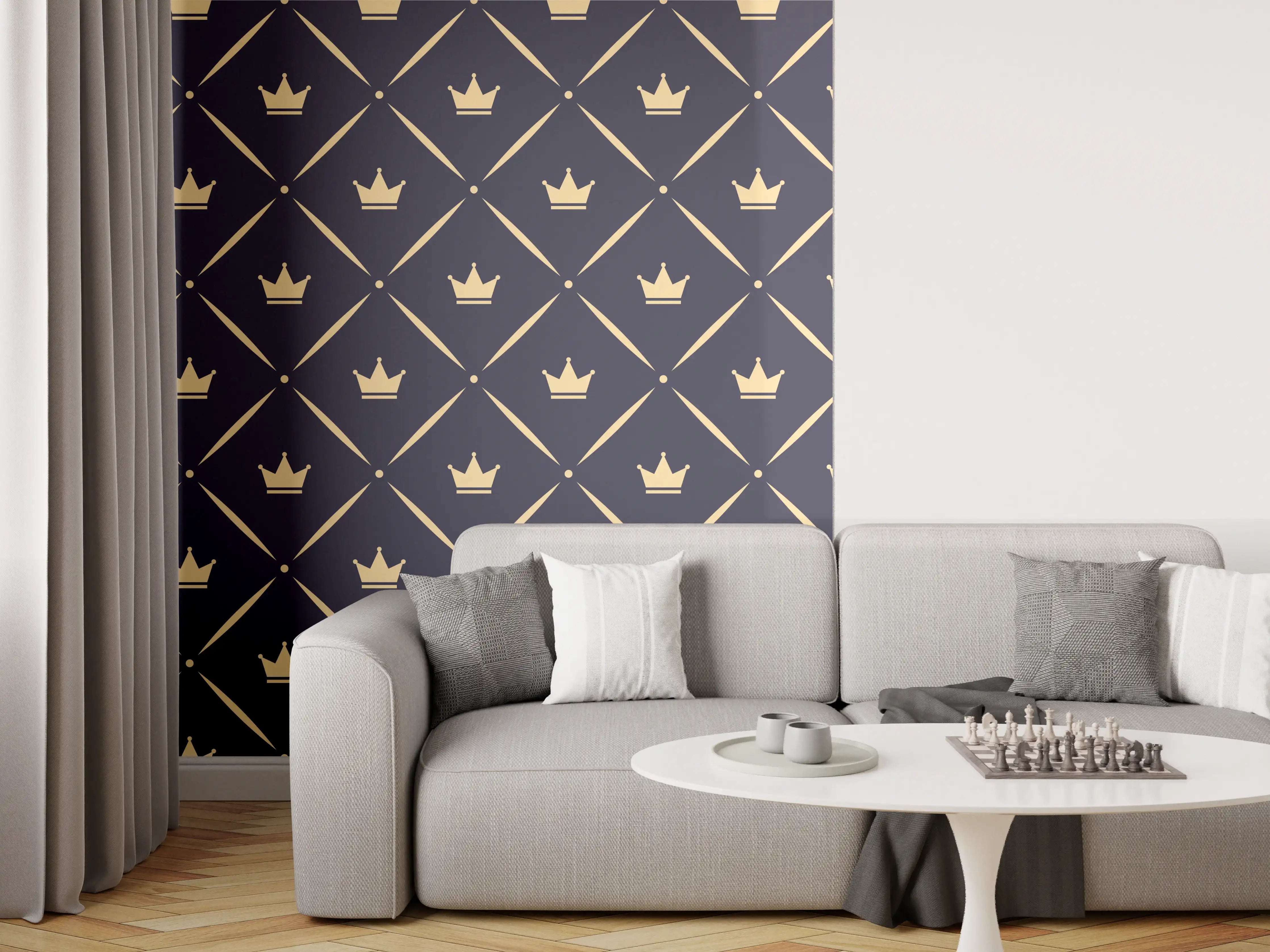 Wandverkleidung Wohnzimmer - Geometrisches Muster Dunkelblau Gold