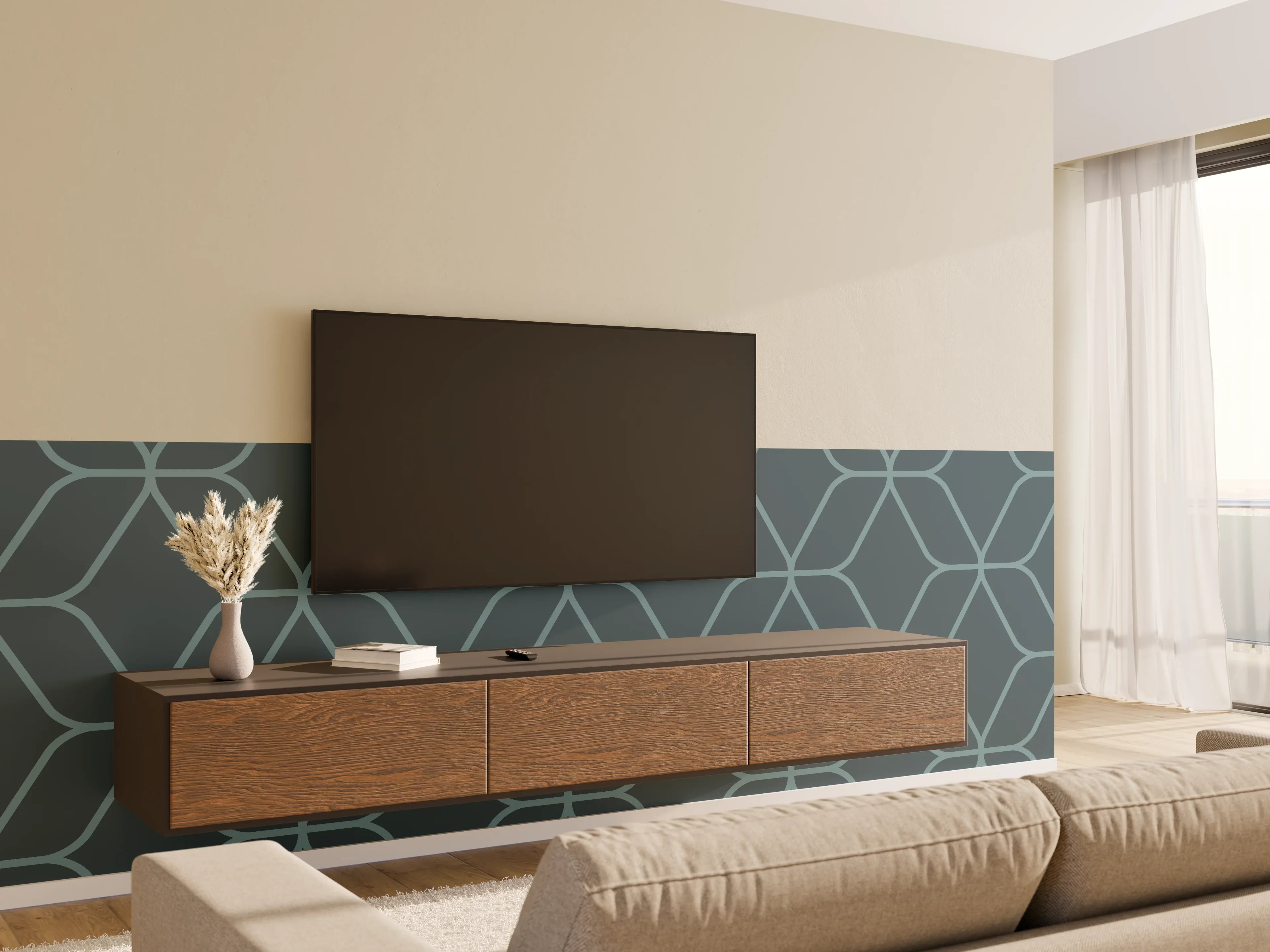 Wandverkleidung Wohnzimmer - Geometrisches Muster in Blau