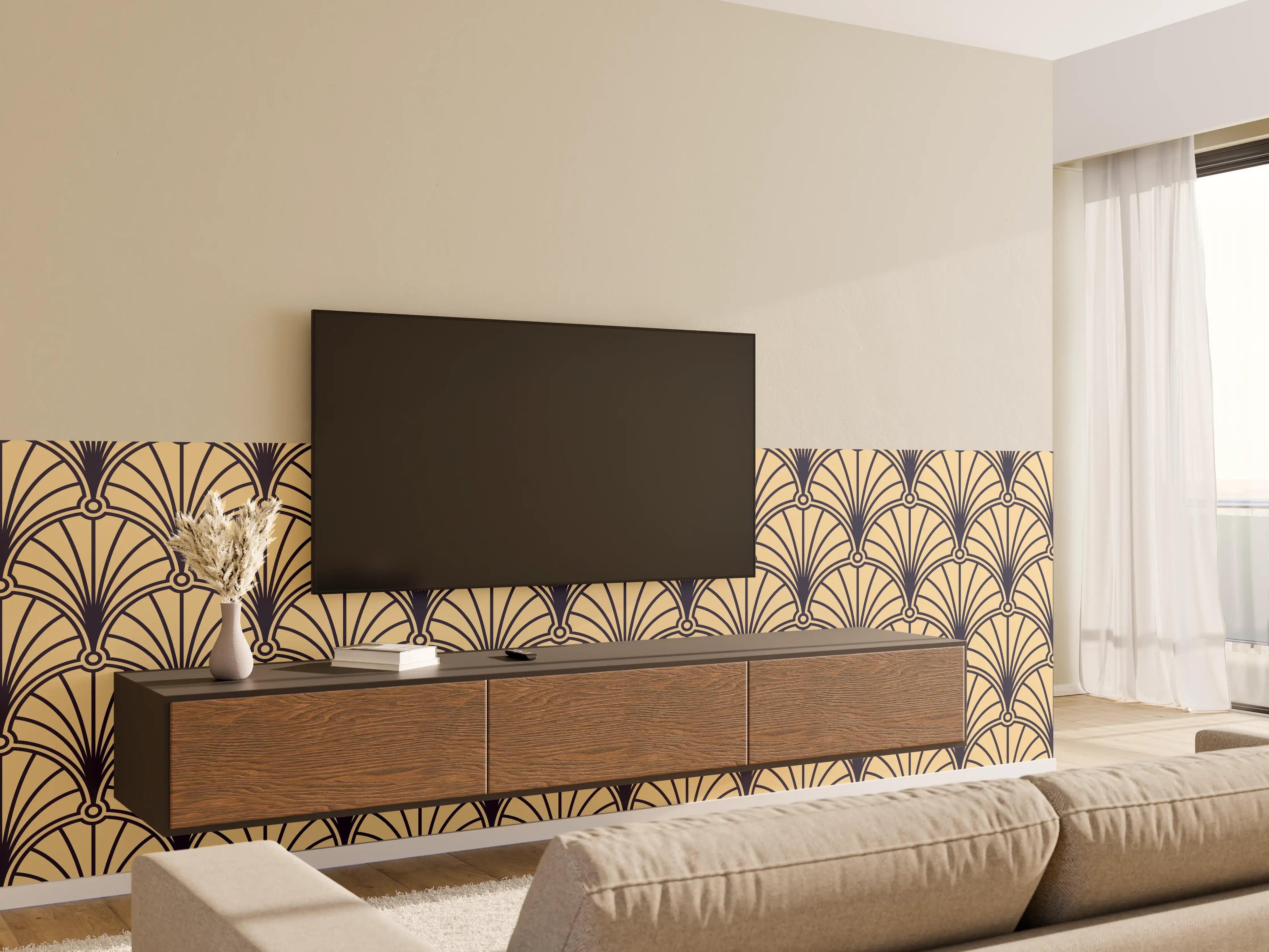 Wandverkleidung Wohnzimmer - Geometrisches Muster in Gold- und Beigetönen