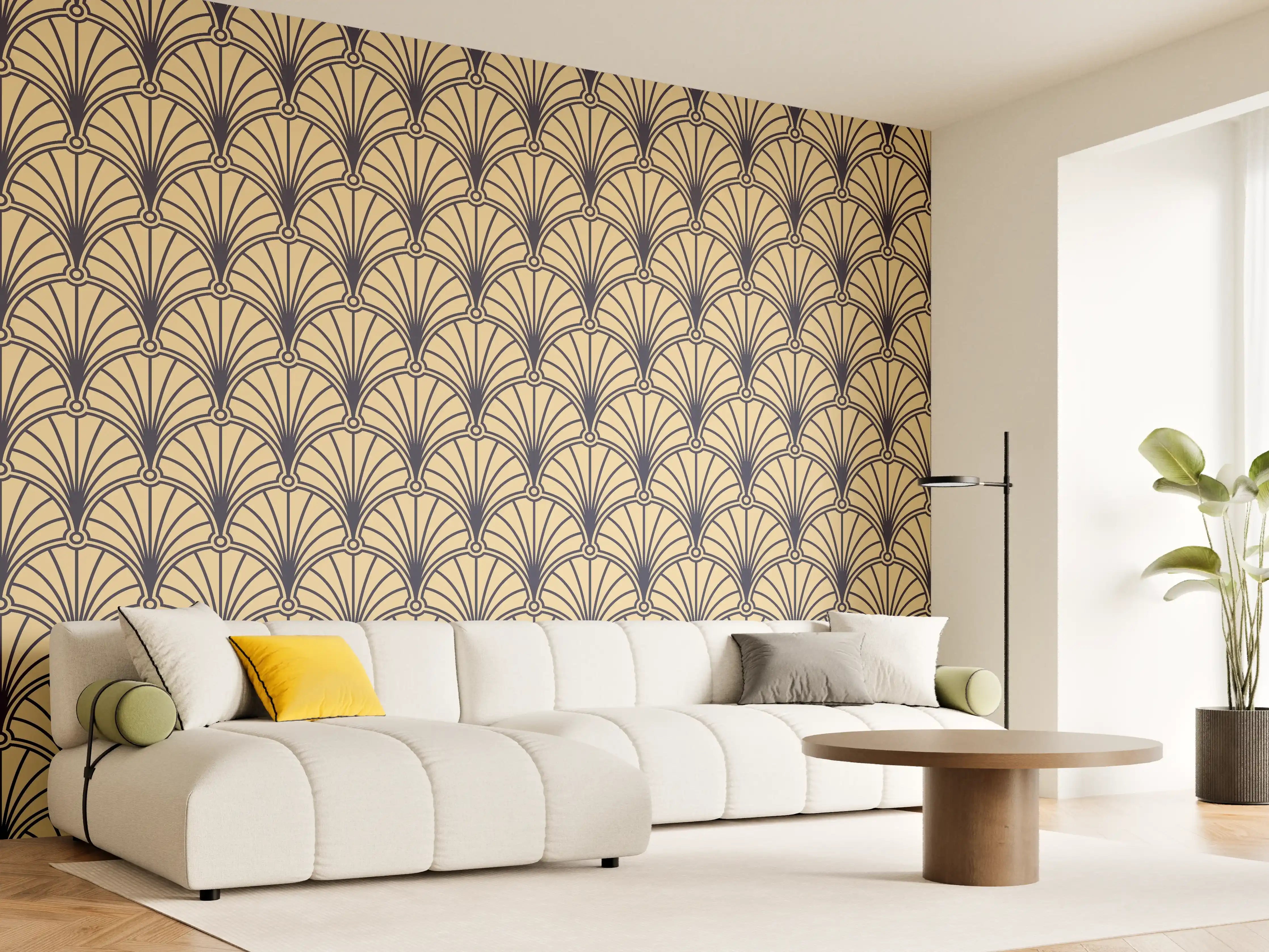 Wandverkleidung Wohnzimmer - Geometrisches Muster in Gold- und Beigetönen