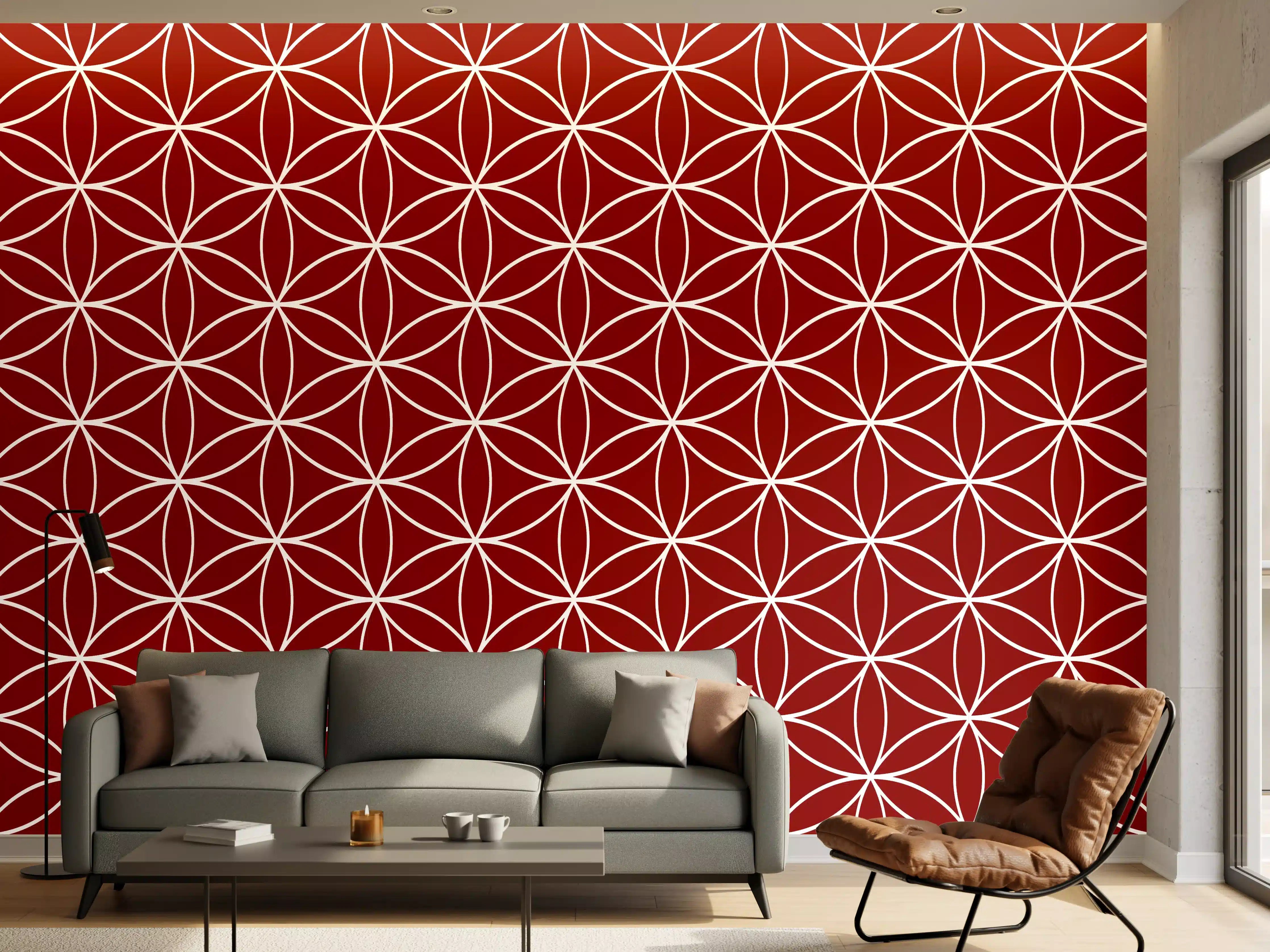 Wandverkleidung Wohnzimmer - Geometrisches Rautenmuster in Rot mit weißen Linien