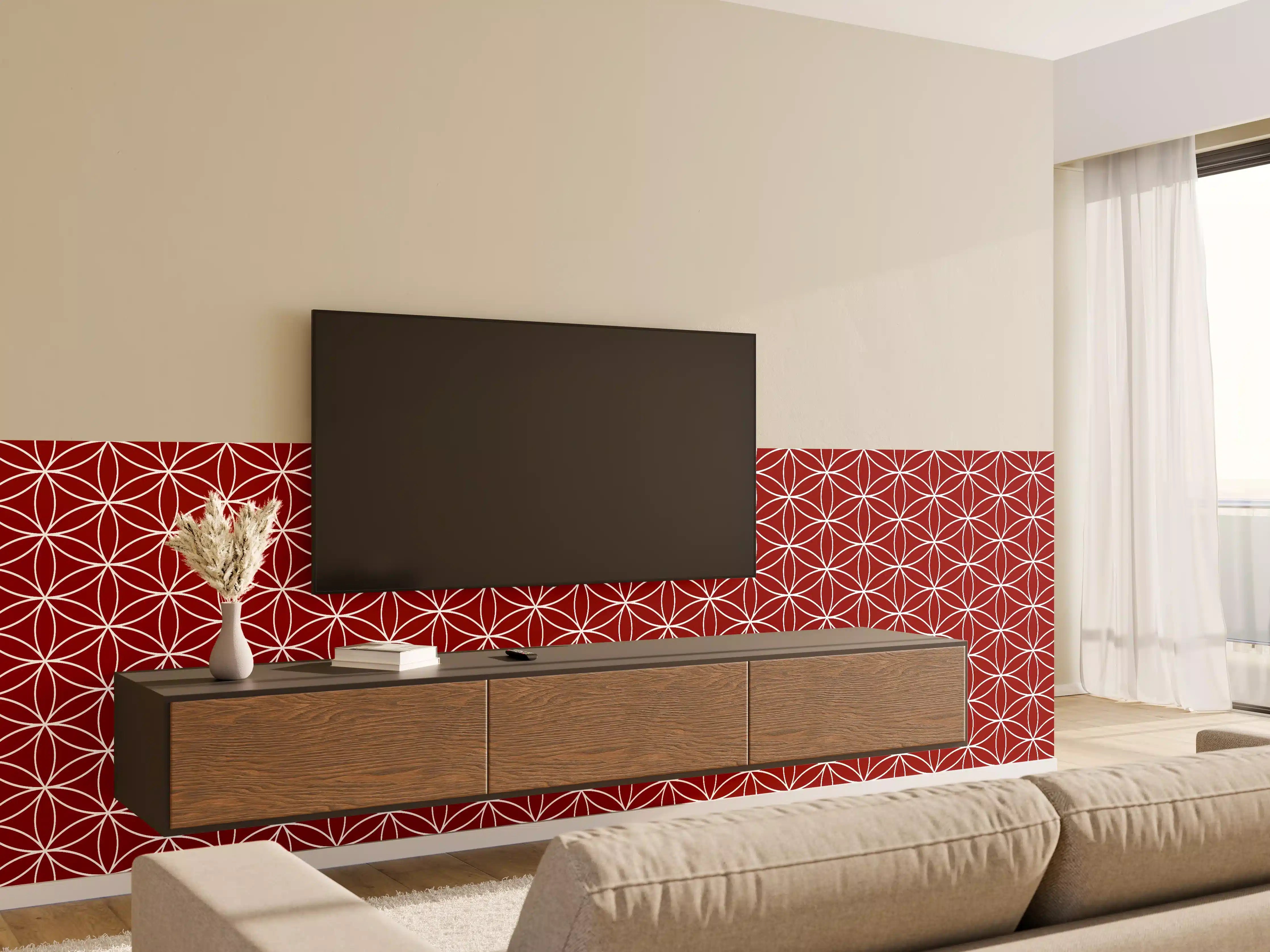 Wandverkleidung Wohnzimmer - Geometrisches Rautenmuster in Rot mit weißen Linien