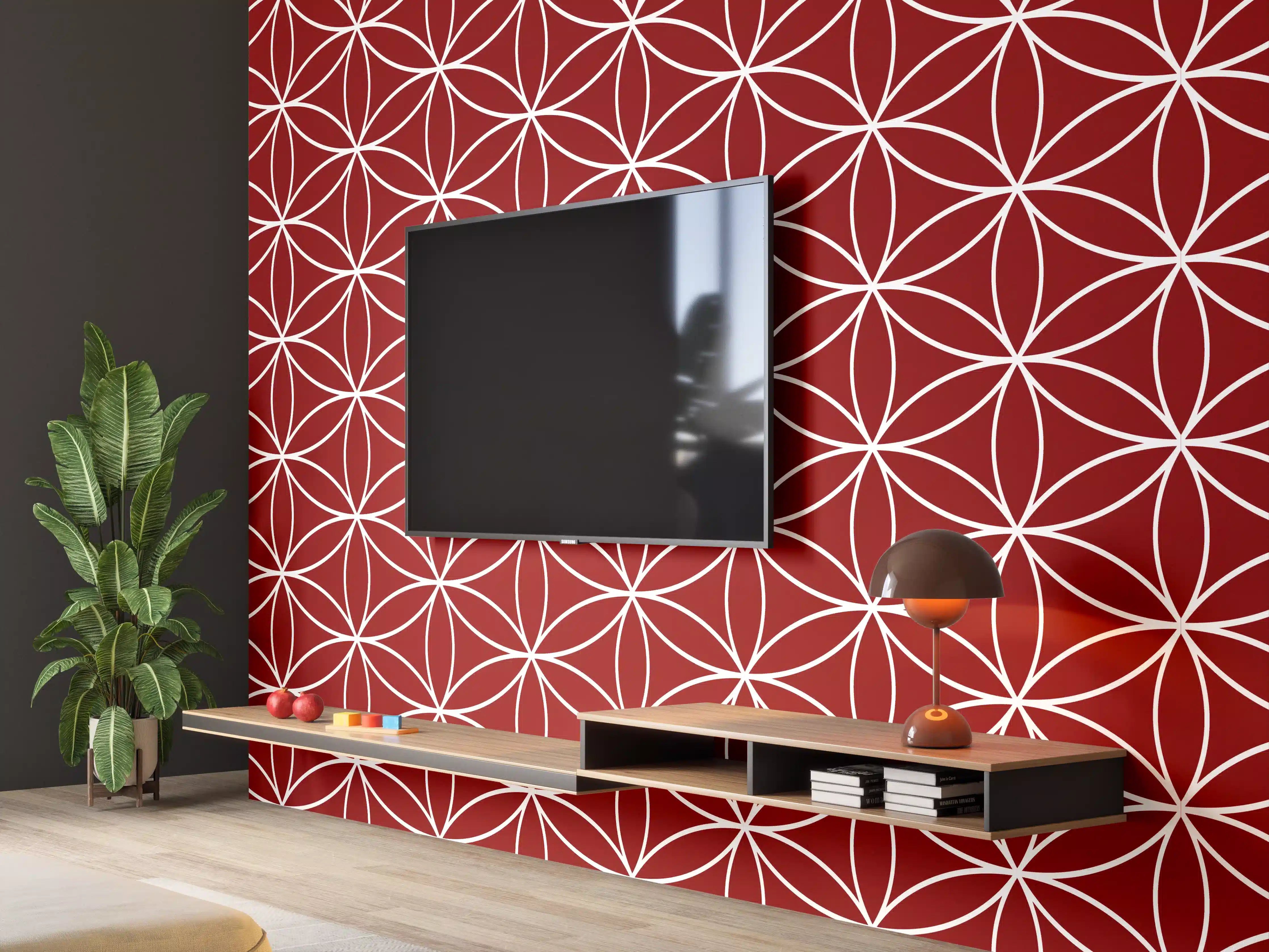 Wandverkleidung Wohnzimmer - Geometrisches Rautenmuster in Rot mit weißen Linien