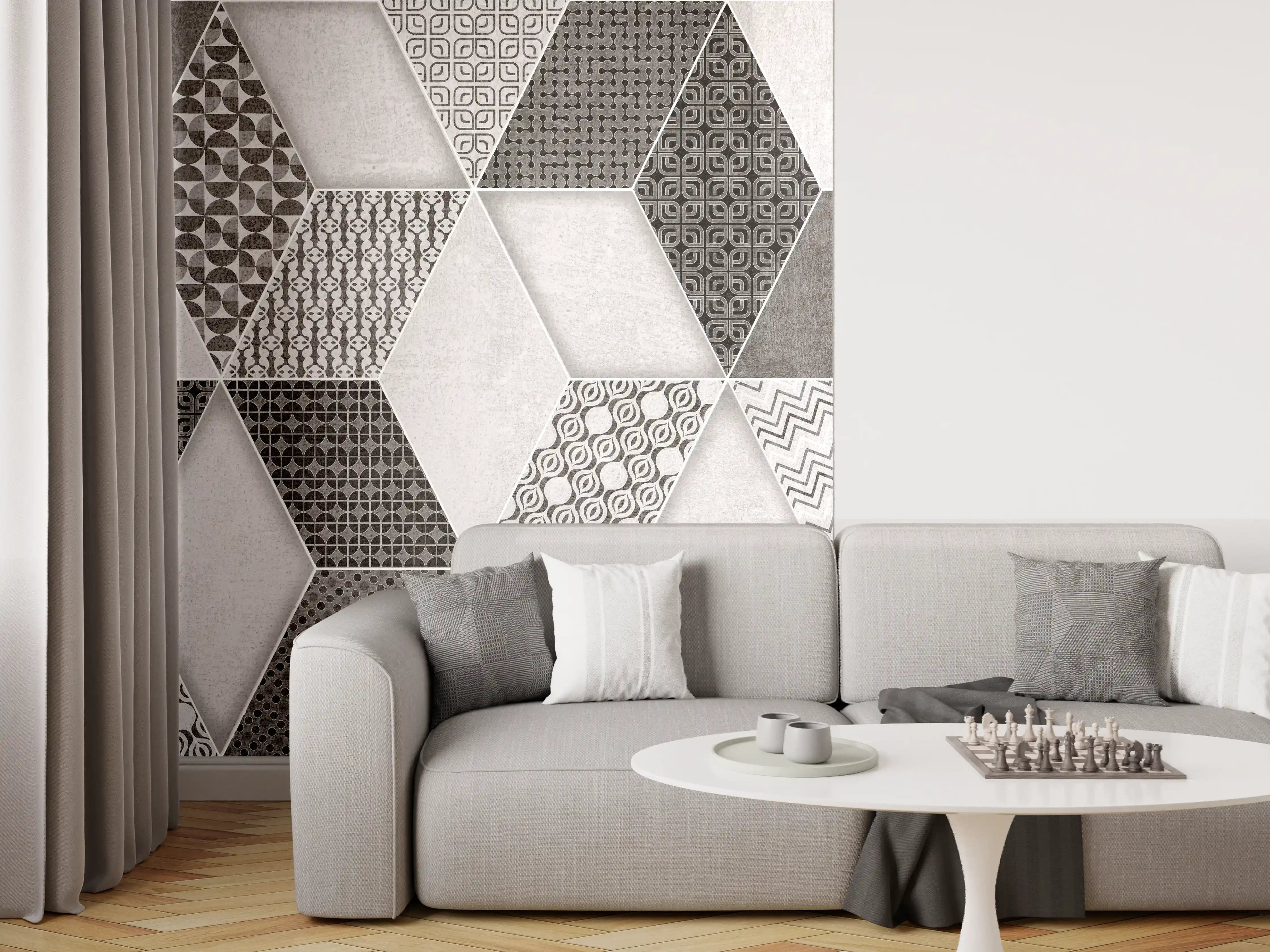 Wandverkleidung Wohnzimmer - Geometrisches Retro-Fliesen Muster