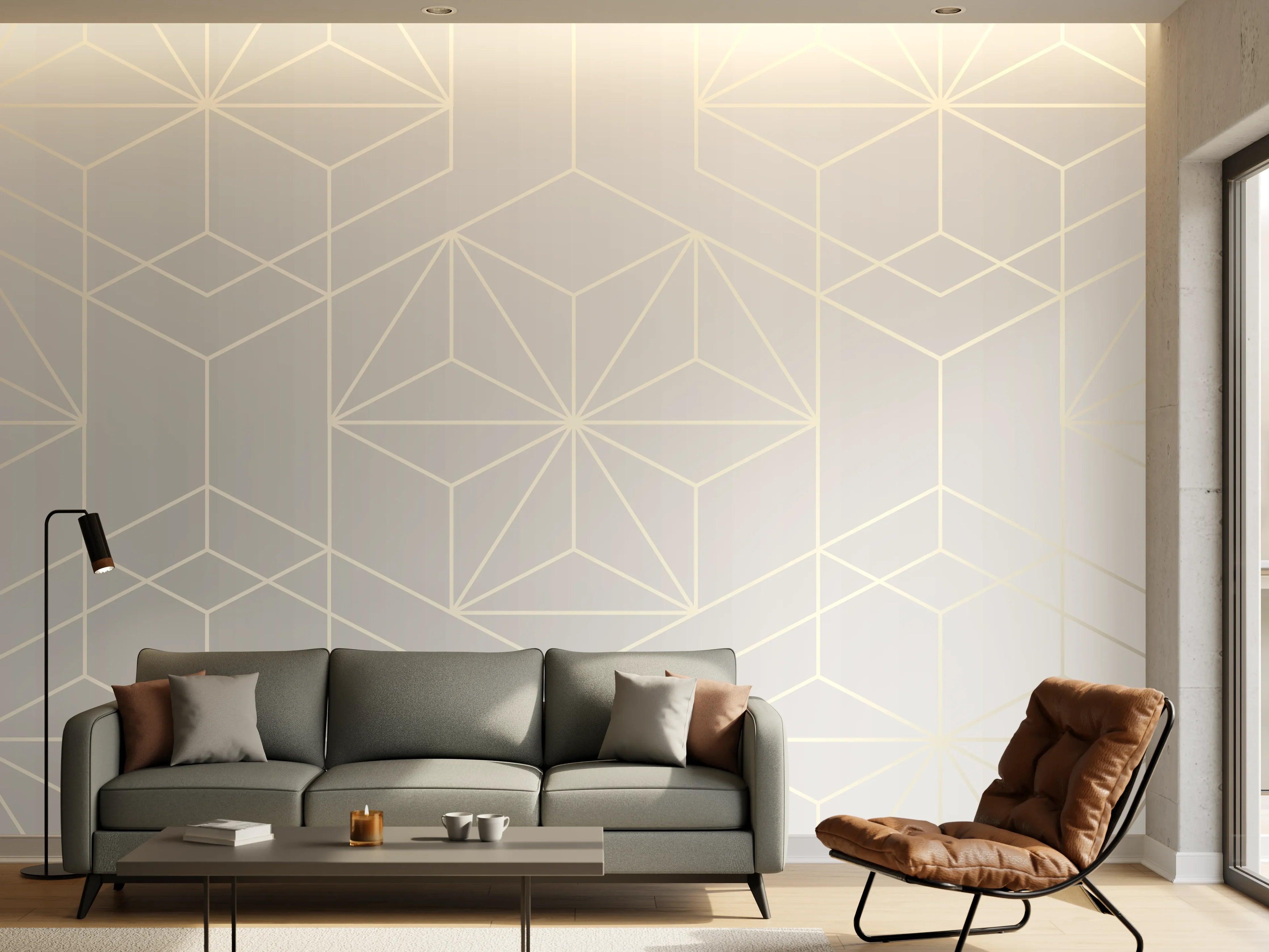 Wandverkleidung Wohnzimmer - Geometrisches Weiß-Grau-Muster