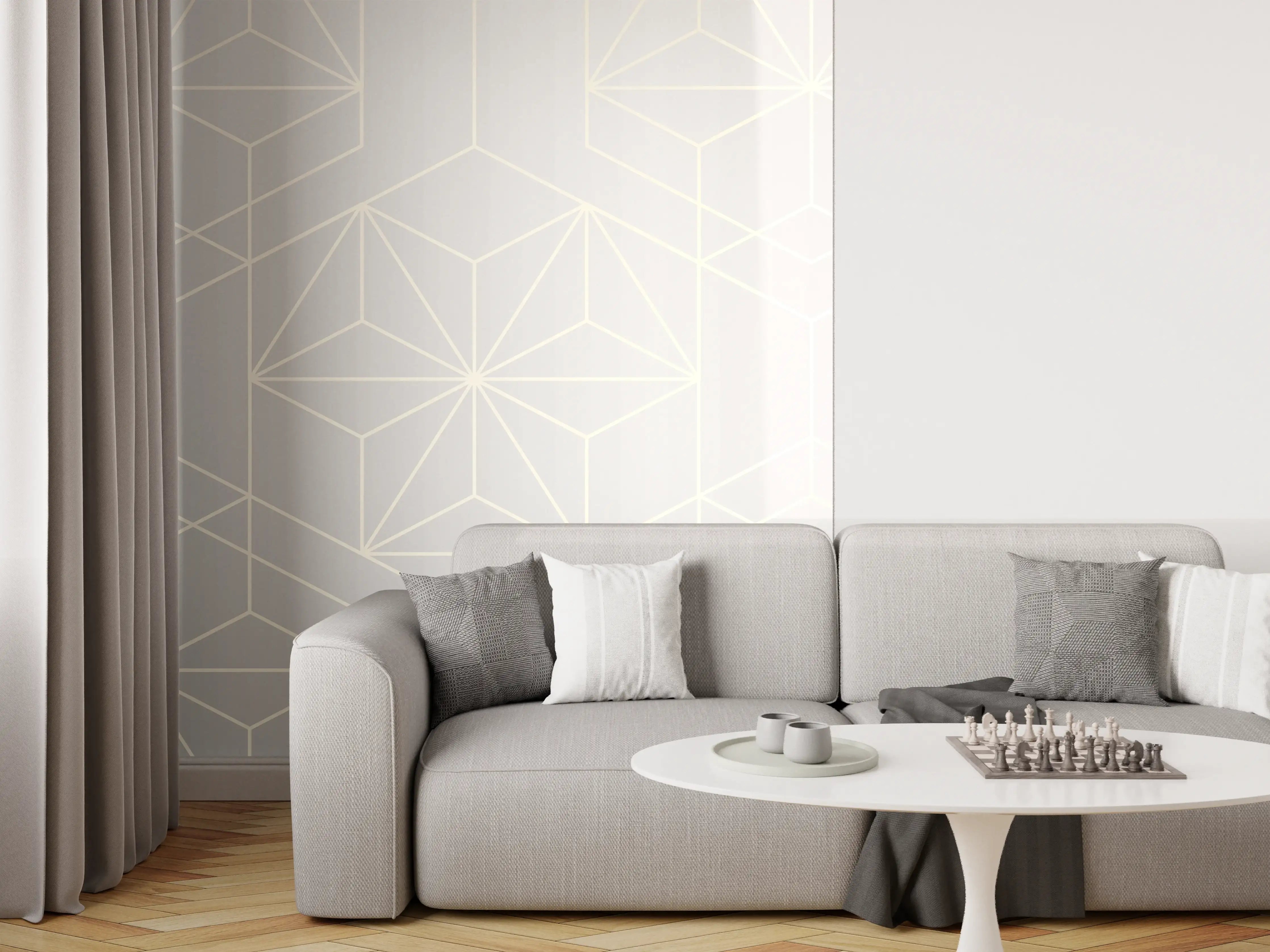 Wandverkleidung Wohnzimmer - Geometrisches Weiß-Grau-Muster