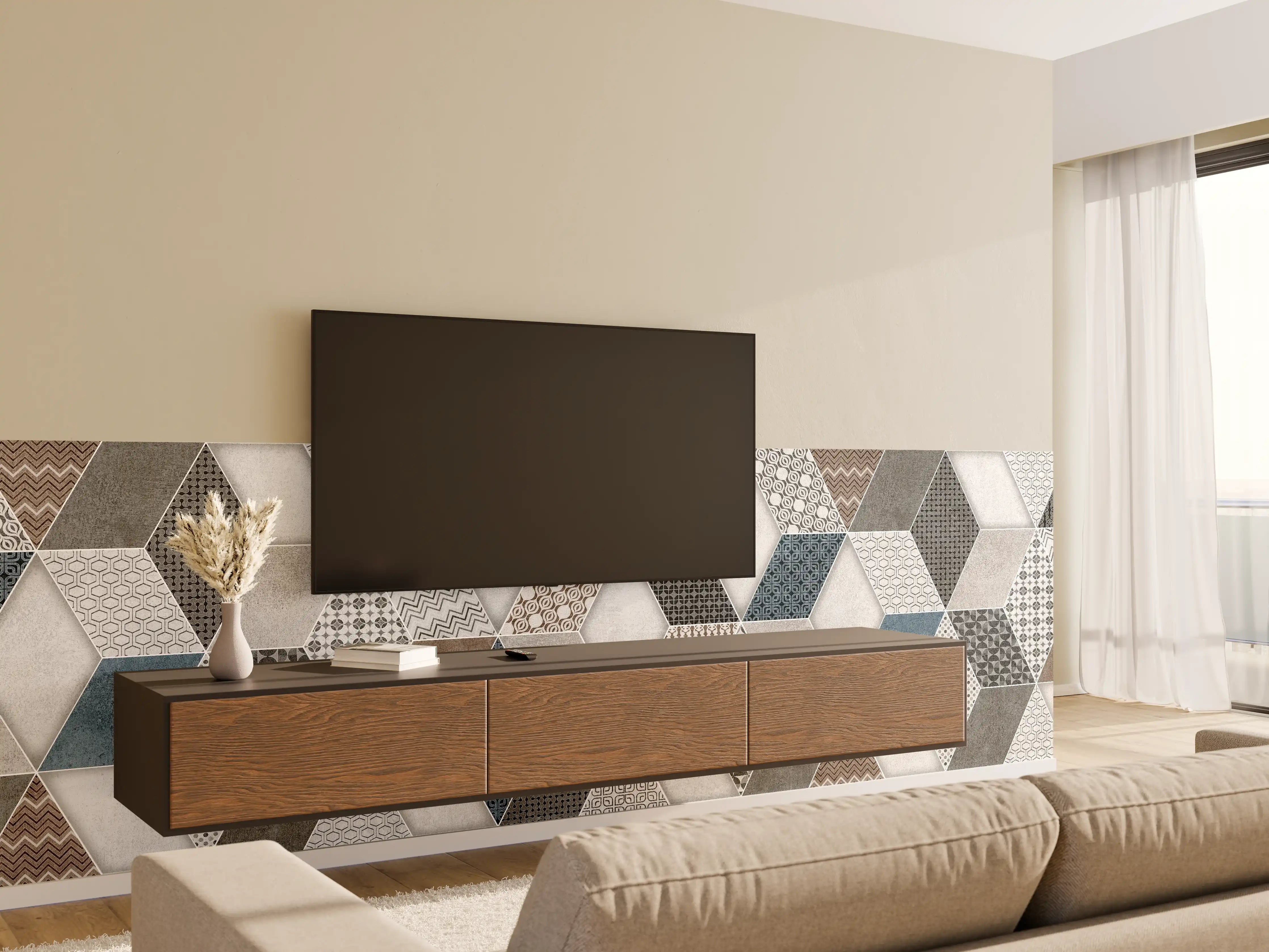 Wandverkleidung Wohnzimmer - Geometrischse Retro-Fliesen Muster