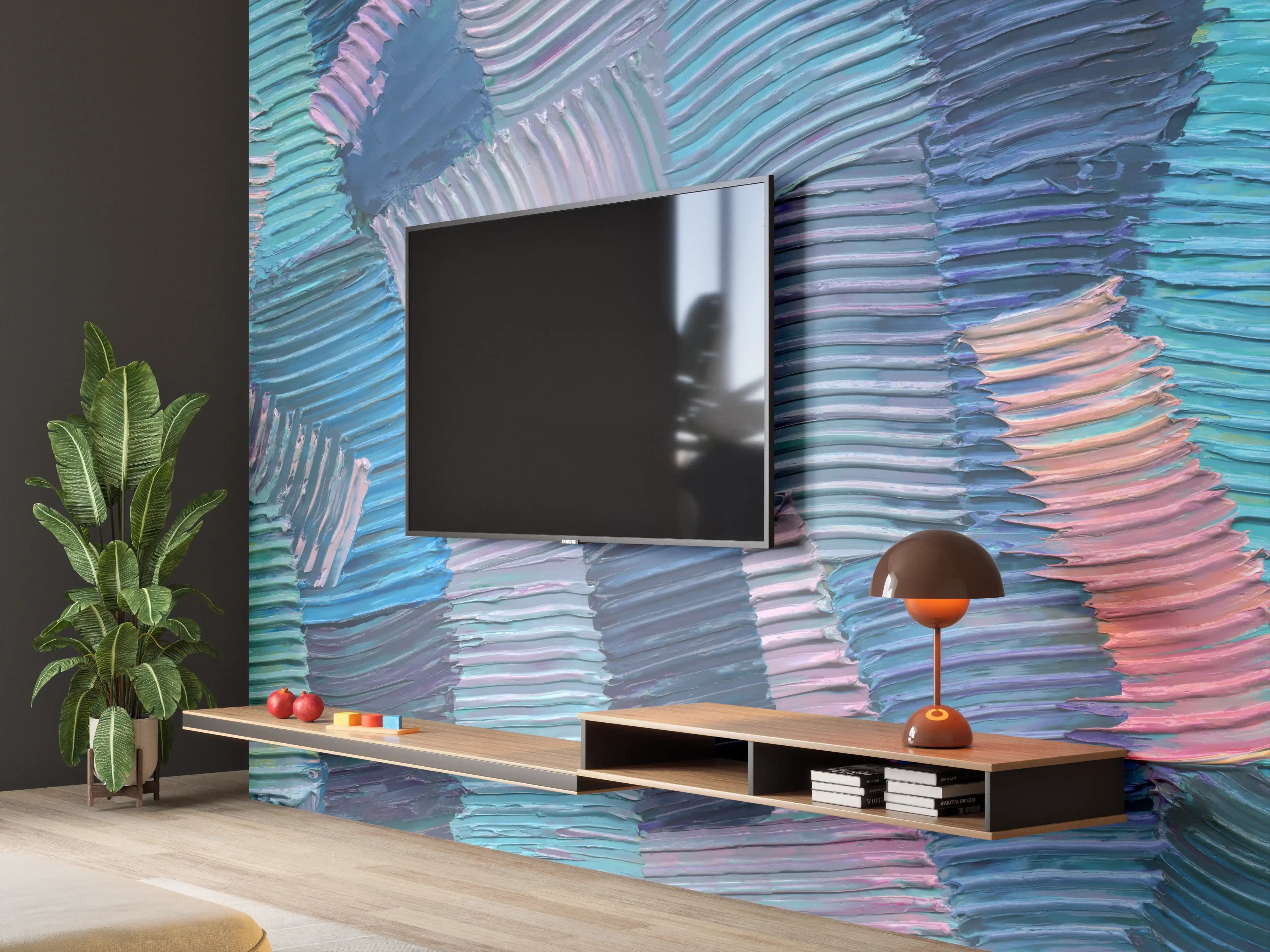 Wandverkleidung Wohnzimmer - Gewellte Ölfarbentexturen