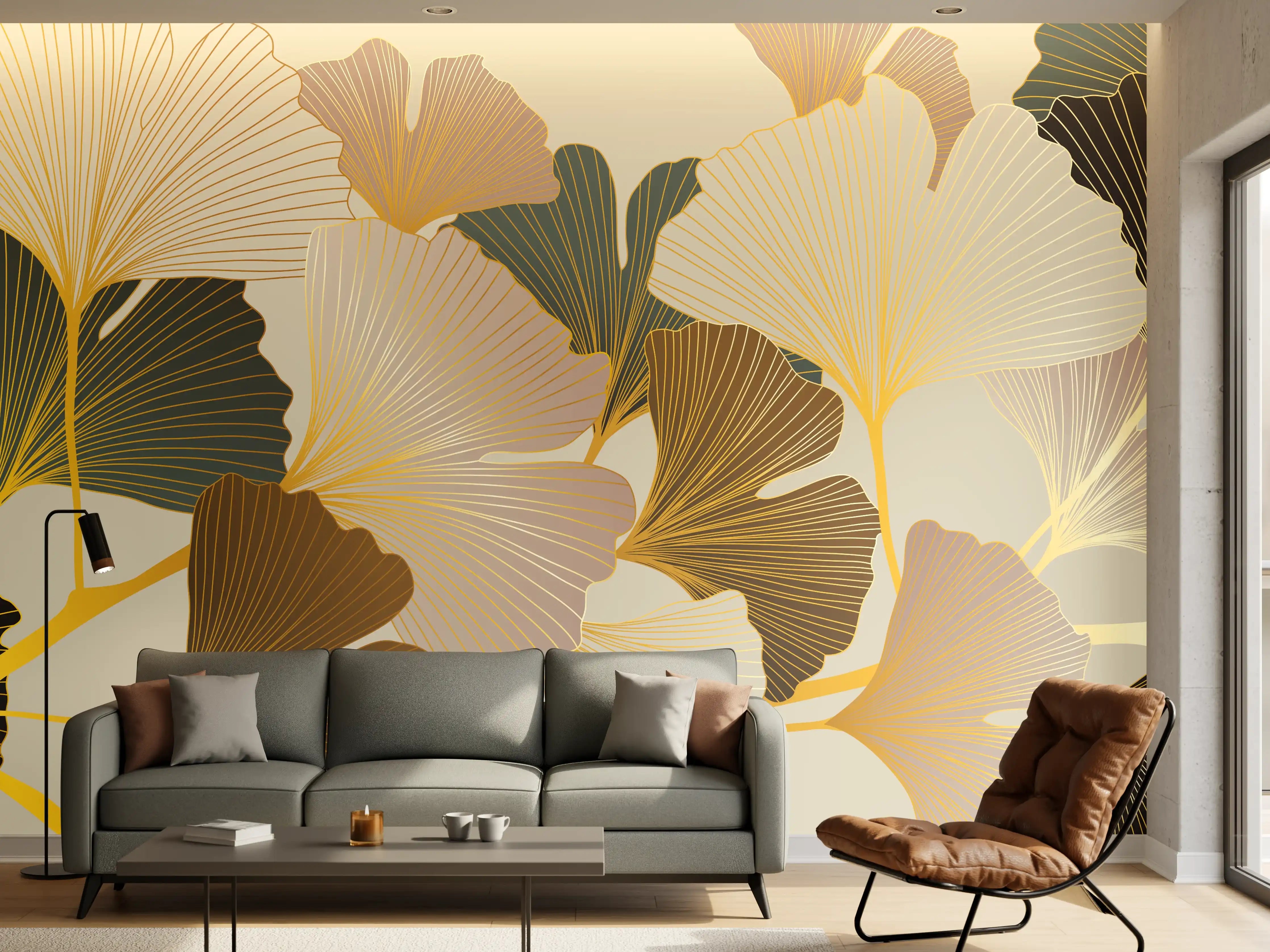 Wandverkleidung Wohnzimmer - Ginkgo Blätter Design Beige