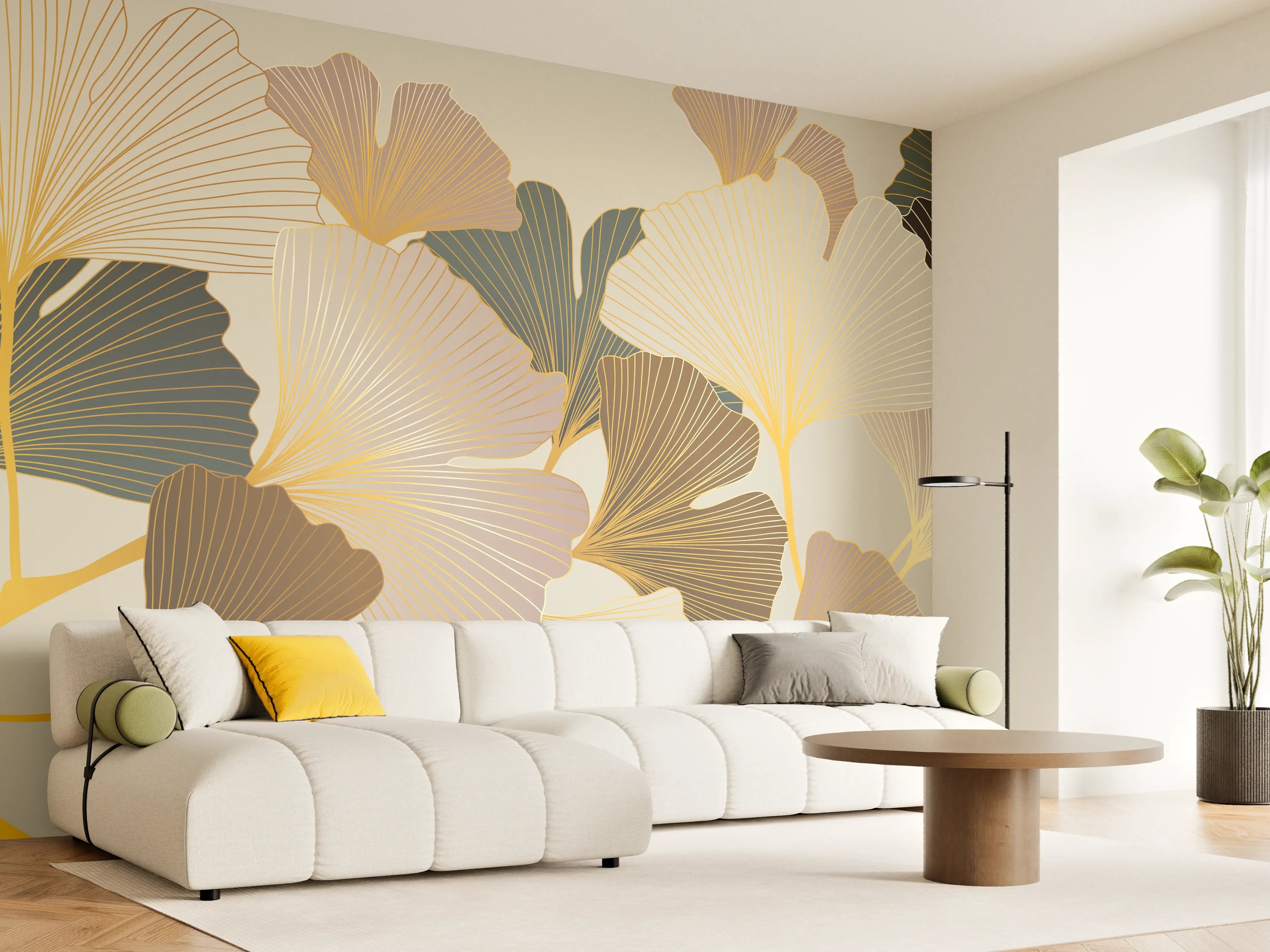 Wandverkleidung Wohnzimmer - Ginkgo Blätter Design Beige