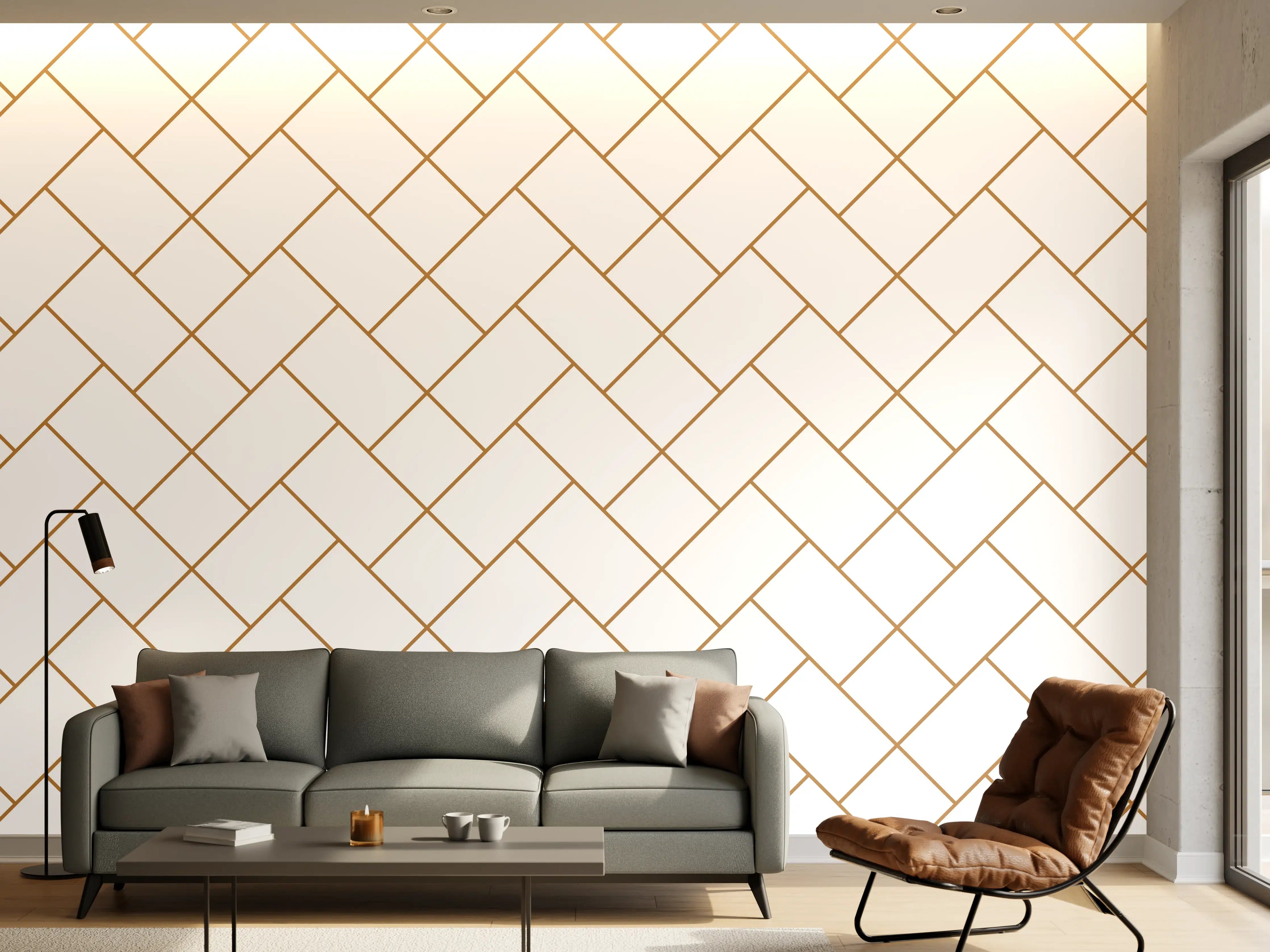 Wandverkleidung Wohnzimmer - Gittermuster in Gold auf Weiß