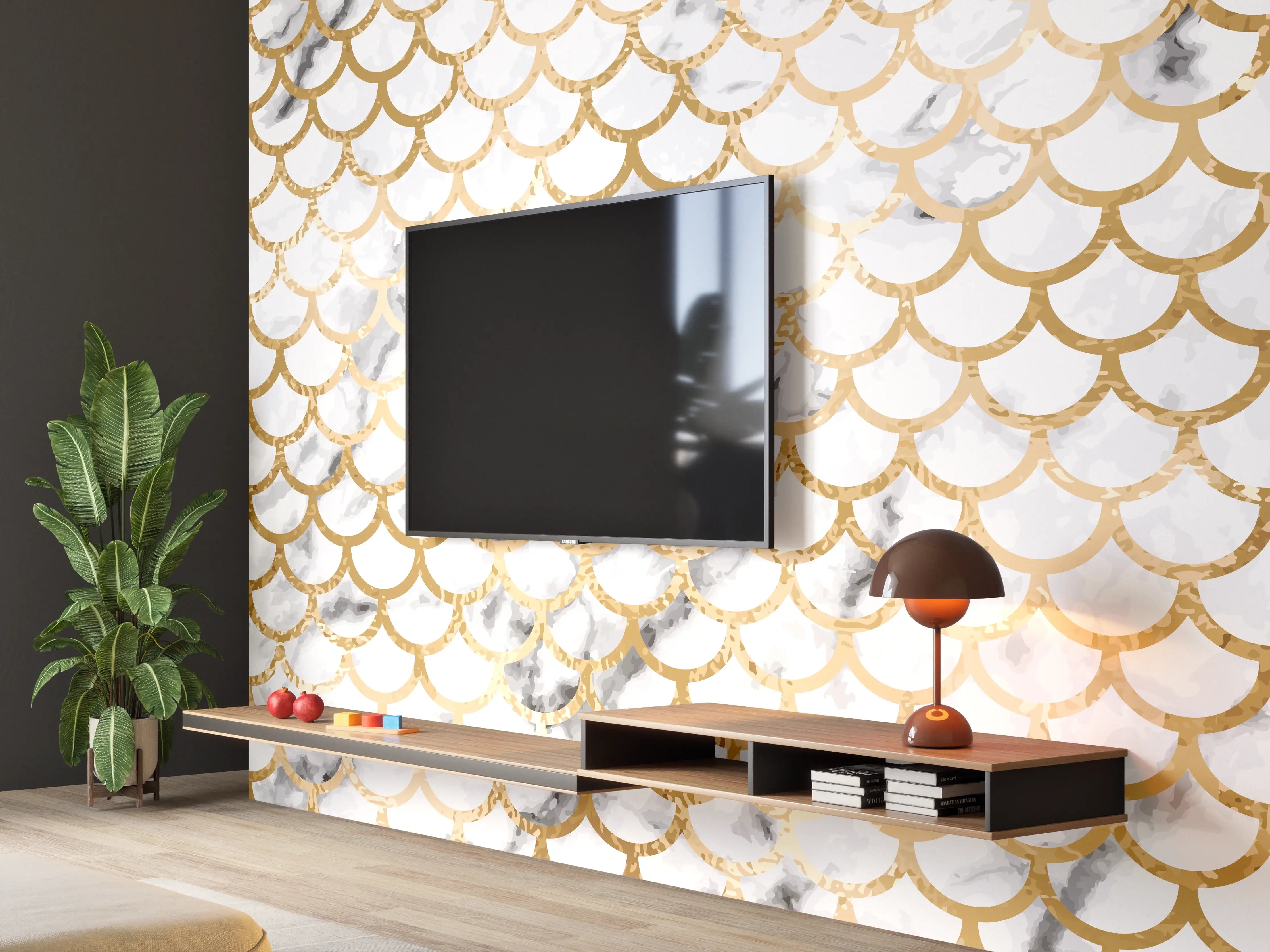 Wandverkleidung Wohnzimmer - Glamouröse Meerjungfrau im Gold-Design
