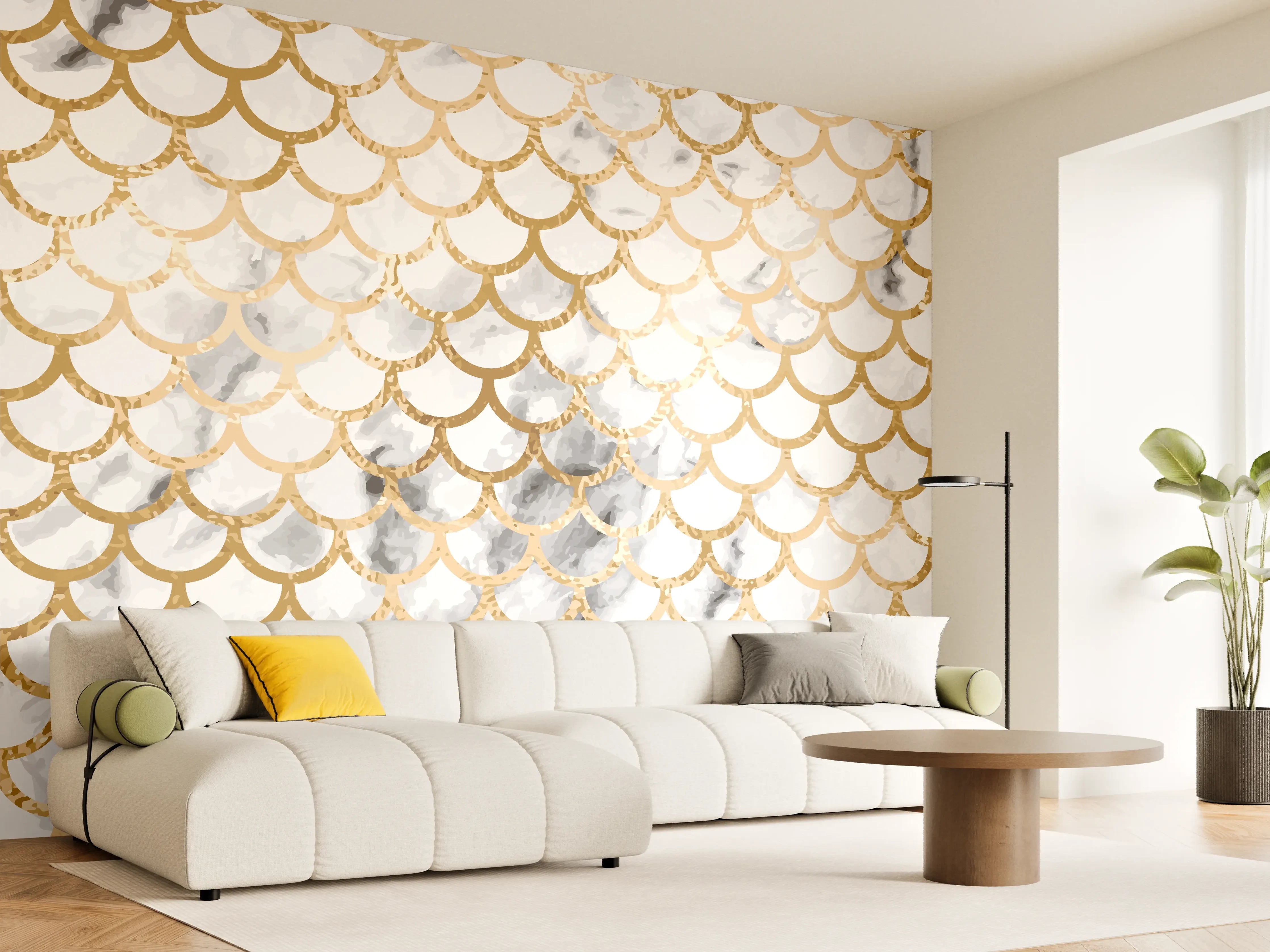 Wandverkleidung Wohnzimmer - Glamouröse Meerjungfrau im Gold-Design