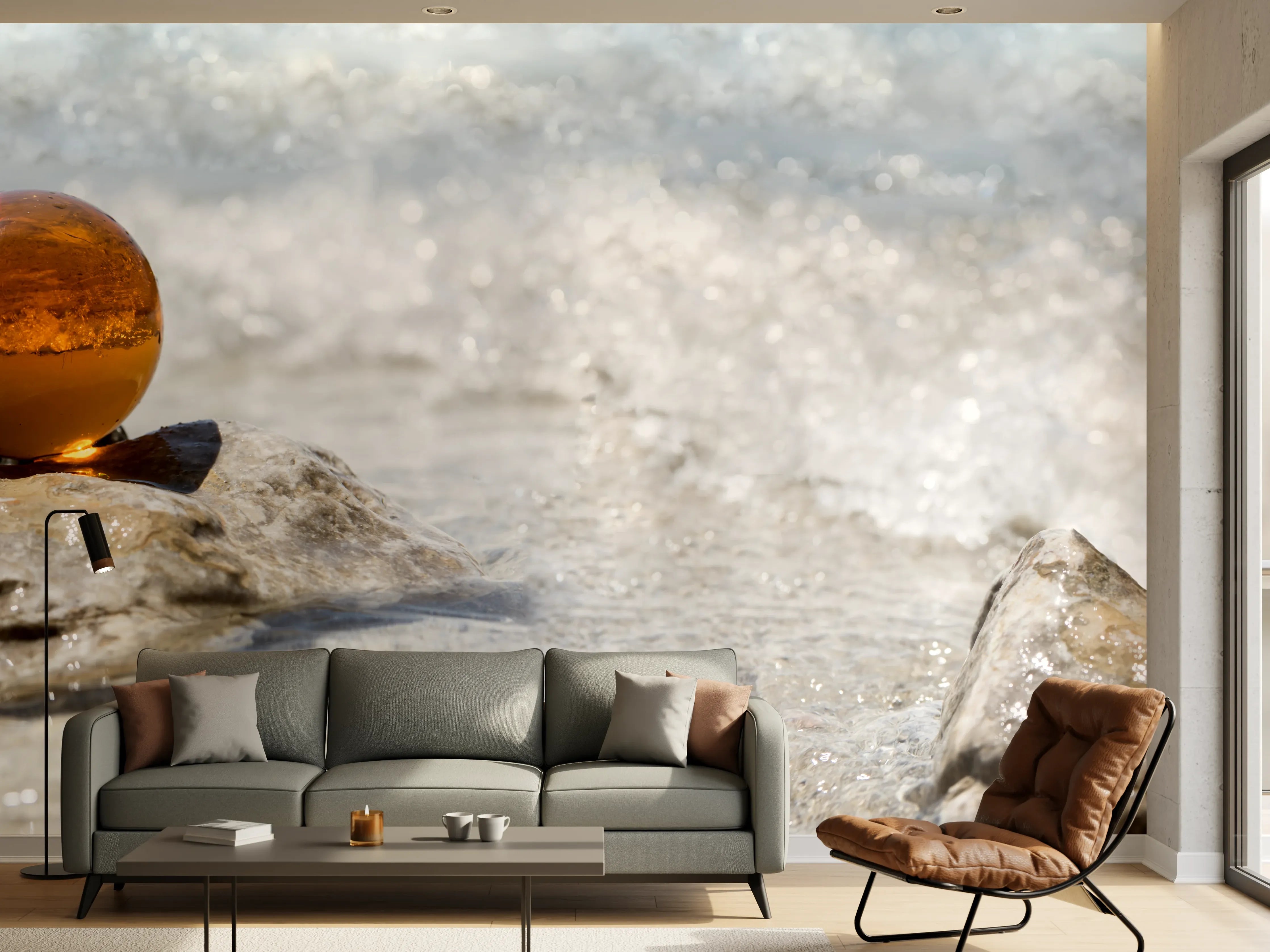 Wandverkleidung Wohnzimmer - Glaskugel am Strand