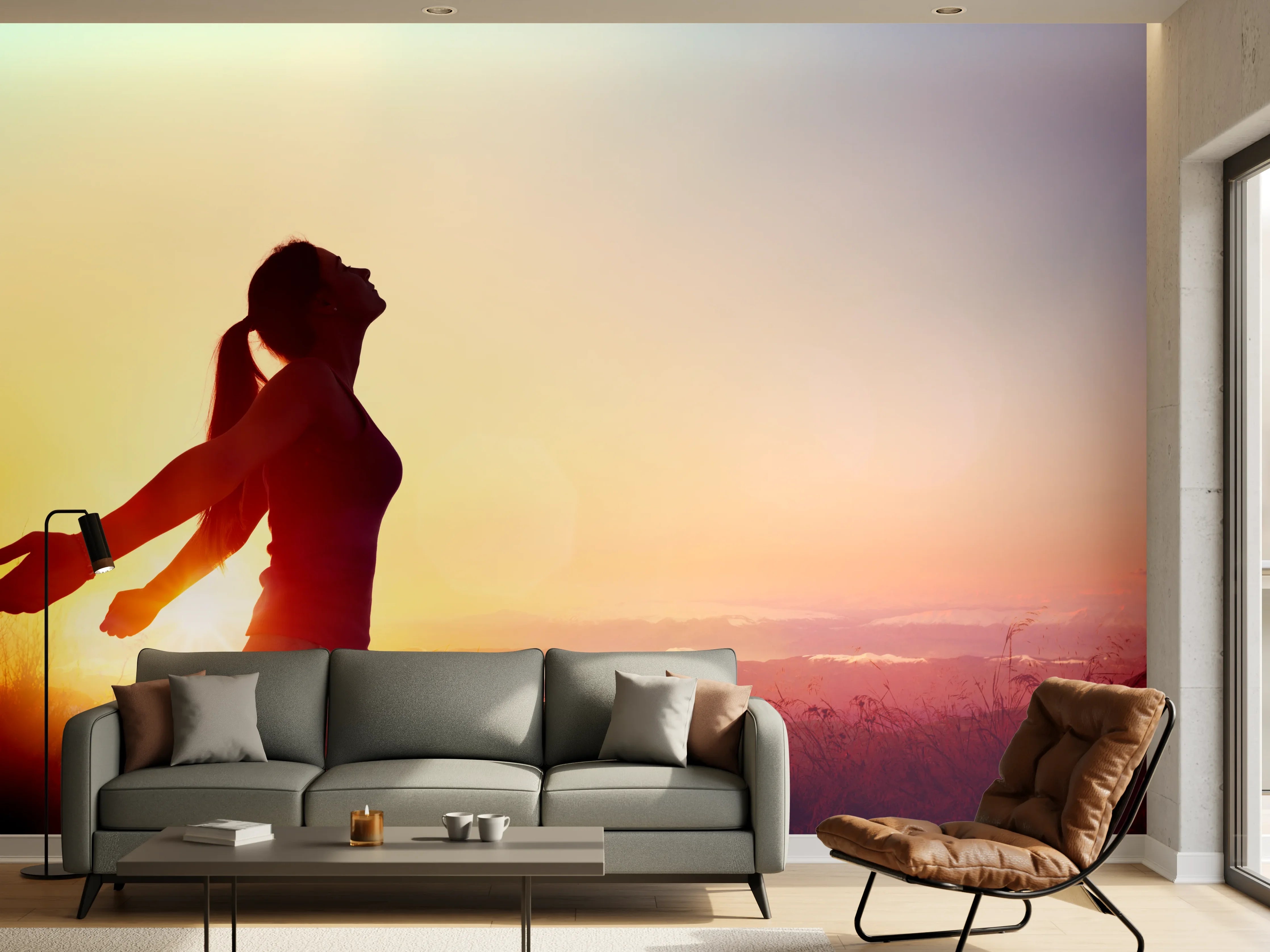 Wandverkleidung Wohnzimmer - Glückliche Frau beim Sonnenuntergang