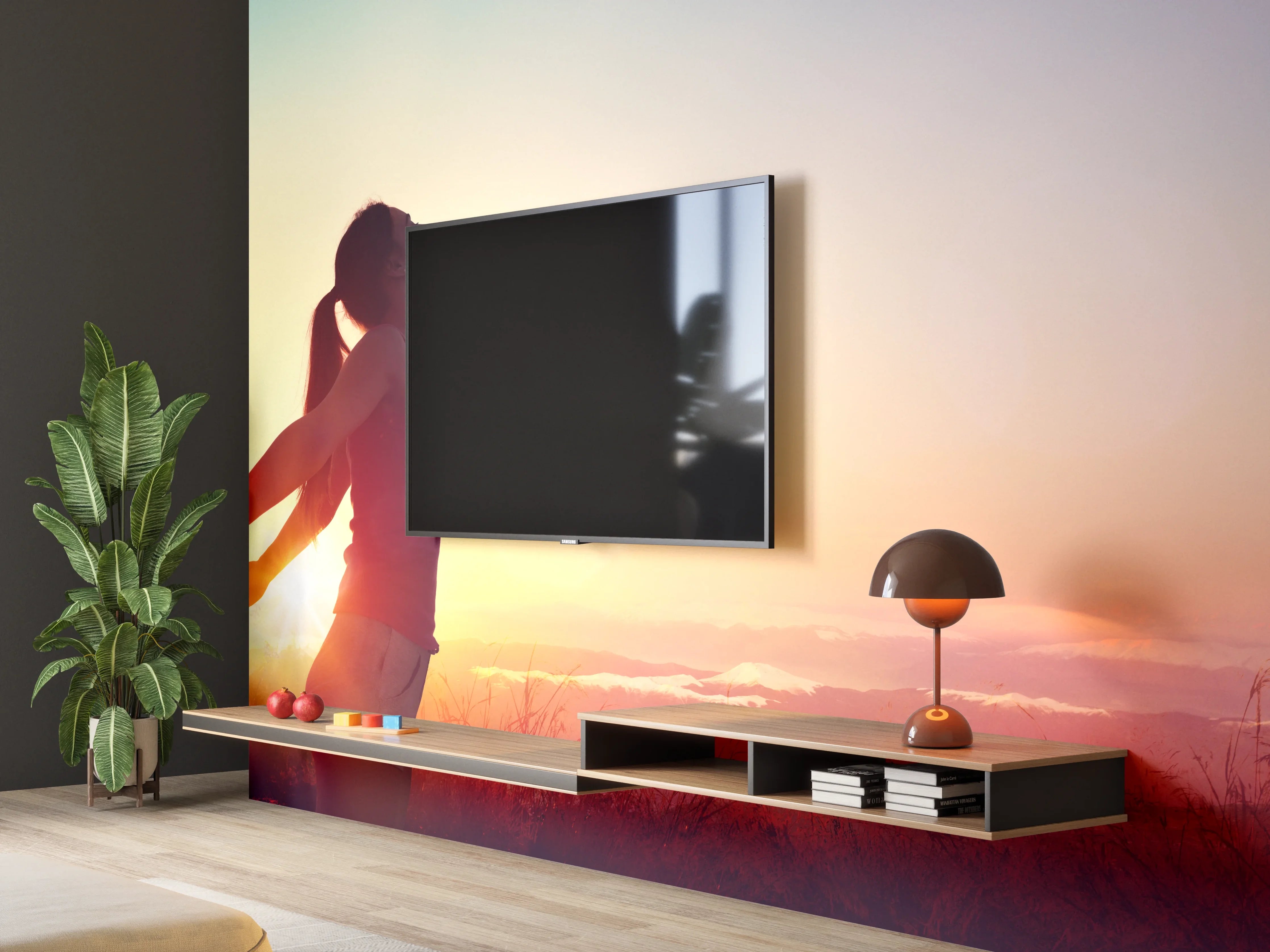 Wandverkleidung Wohnzimmer - Glückliche Frau beim Sonnenuntergang