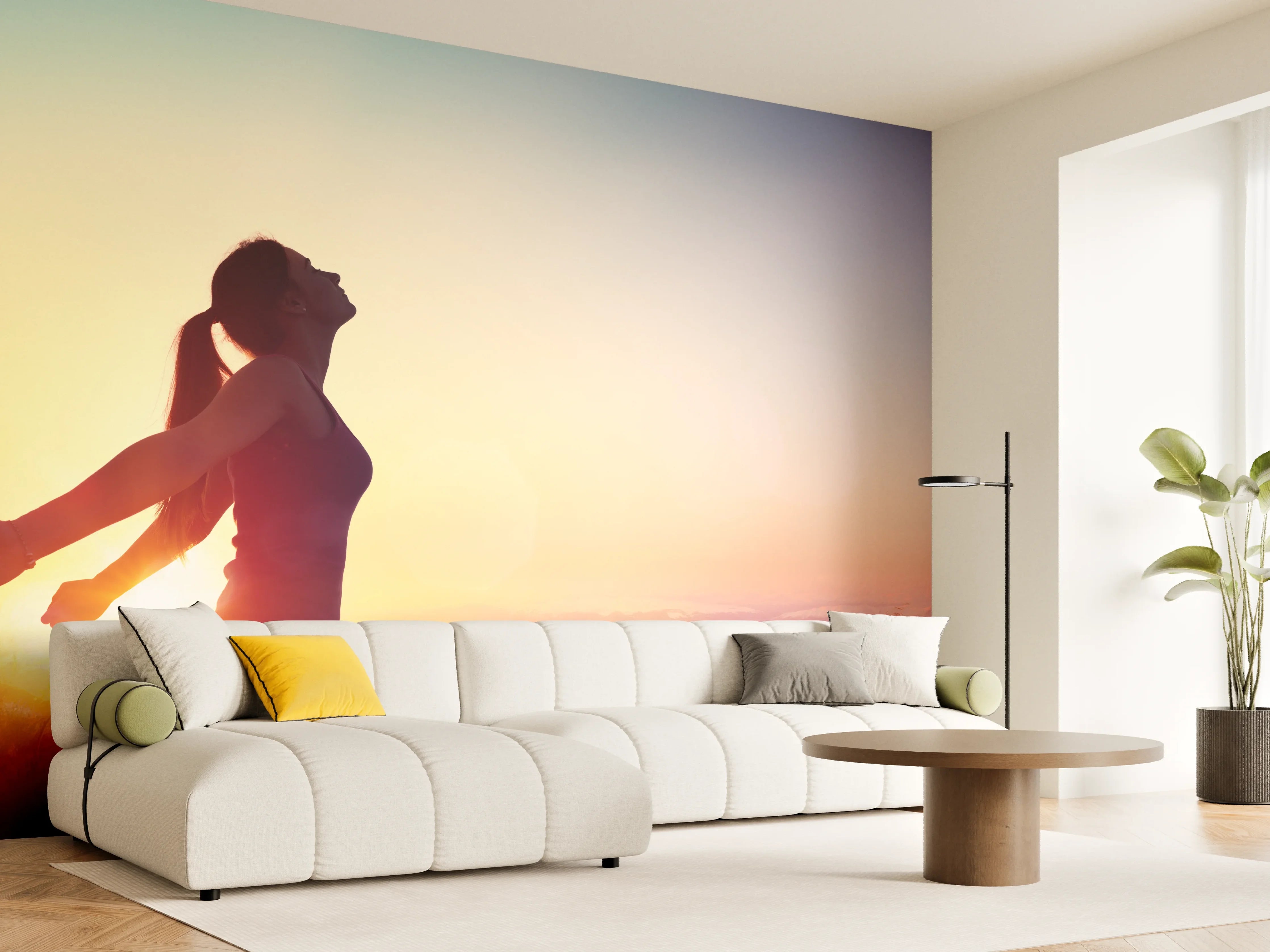 Wandverkleidung Wohnzimmer - Glückliche Frau beim Sonnenuntergang
