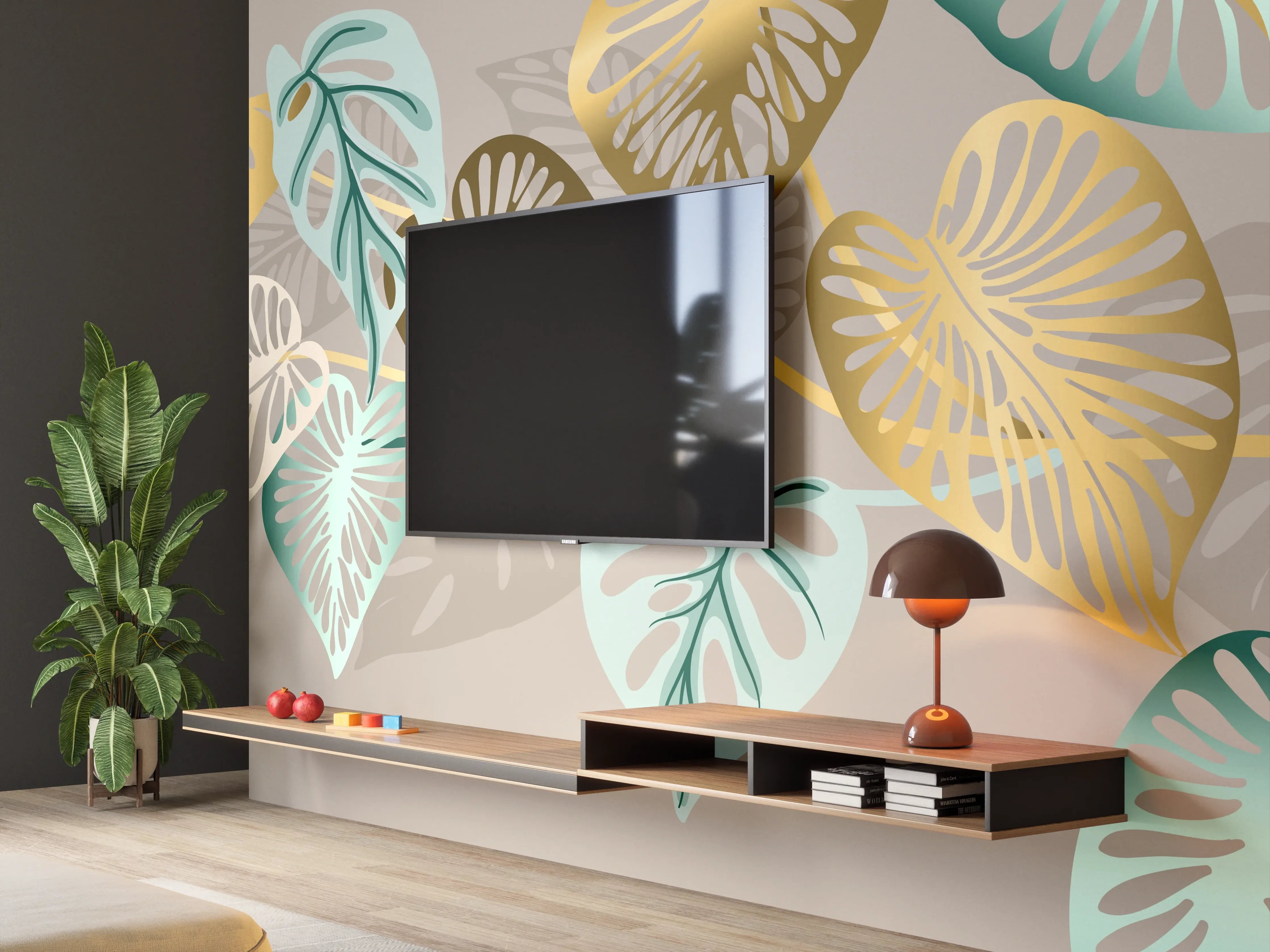 Wandverkleidung Wohnzimmer - Gold-Beige Blätter-Muster-Dekor