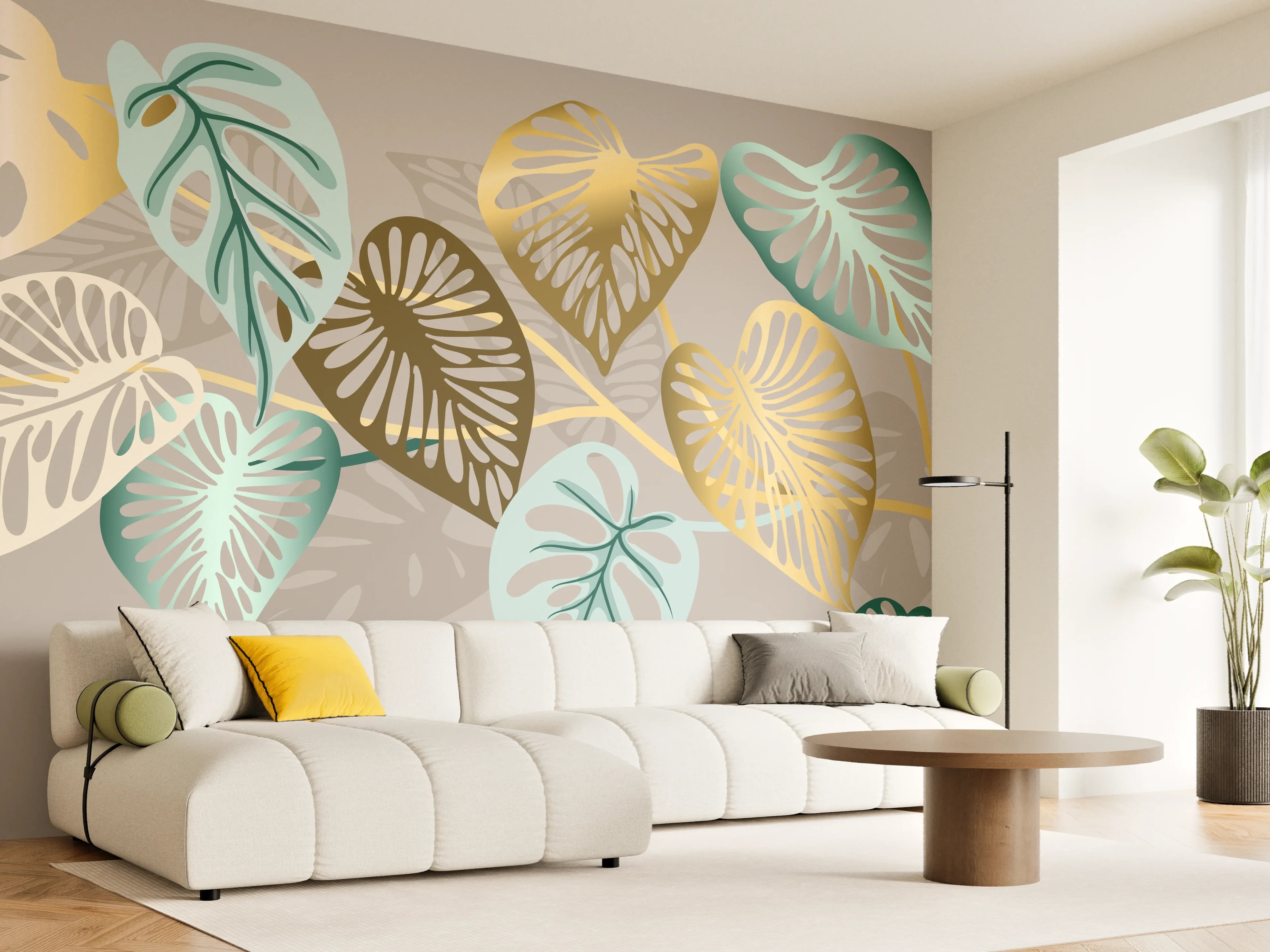 Wandverkleidung Wohnzimmer - Gold-Beige Blätter-Muster-Dekor