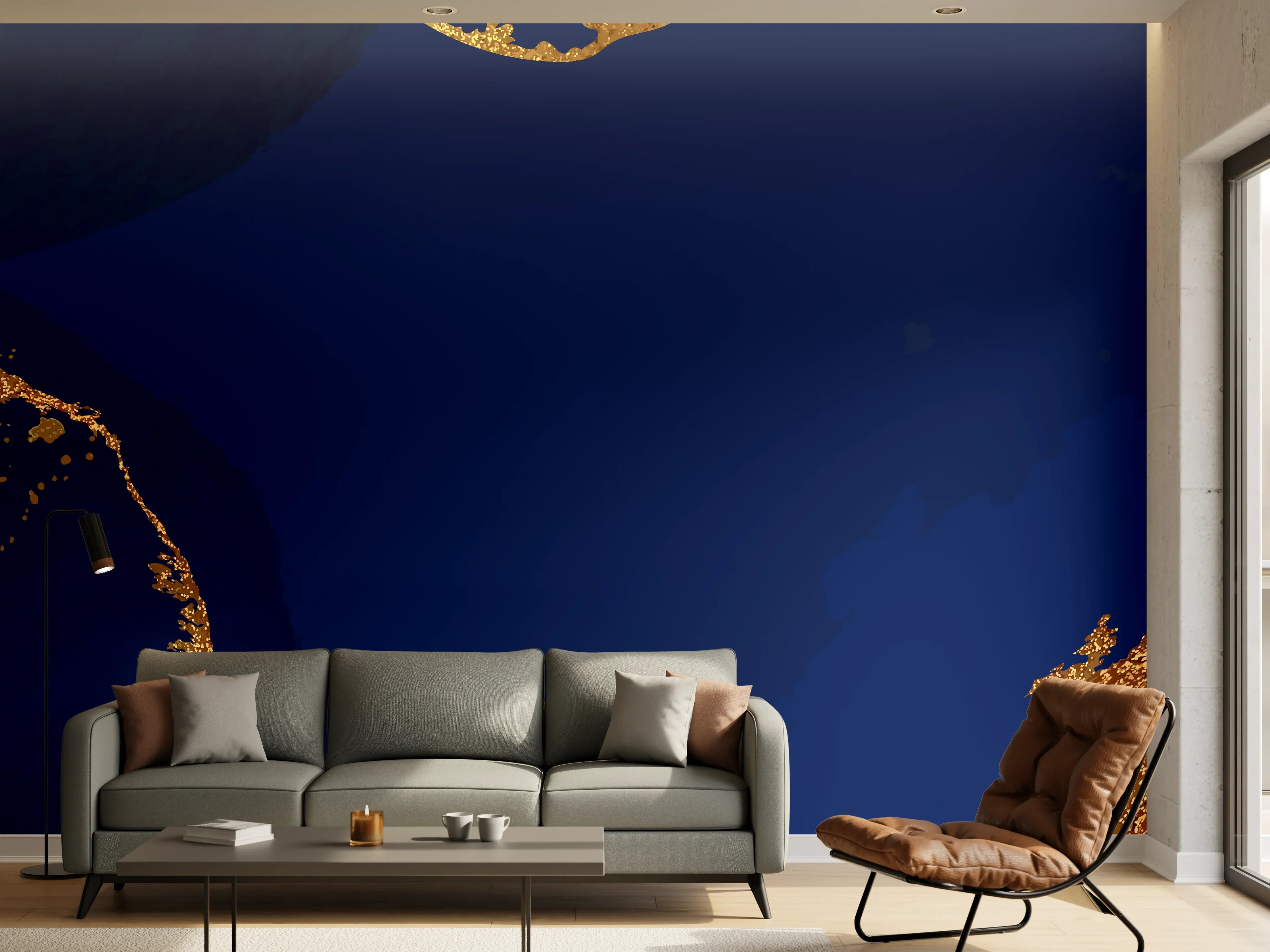 Wandverkleidung Wohnzimmer - Gold-Blauer Abstrakter Entwurf