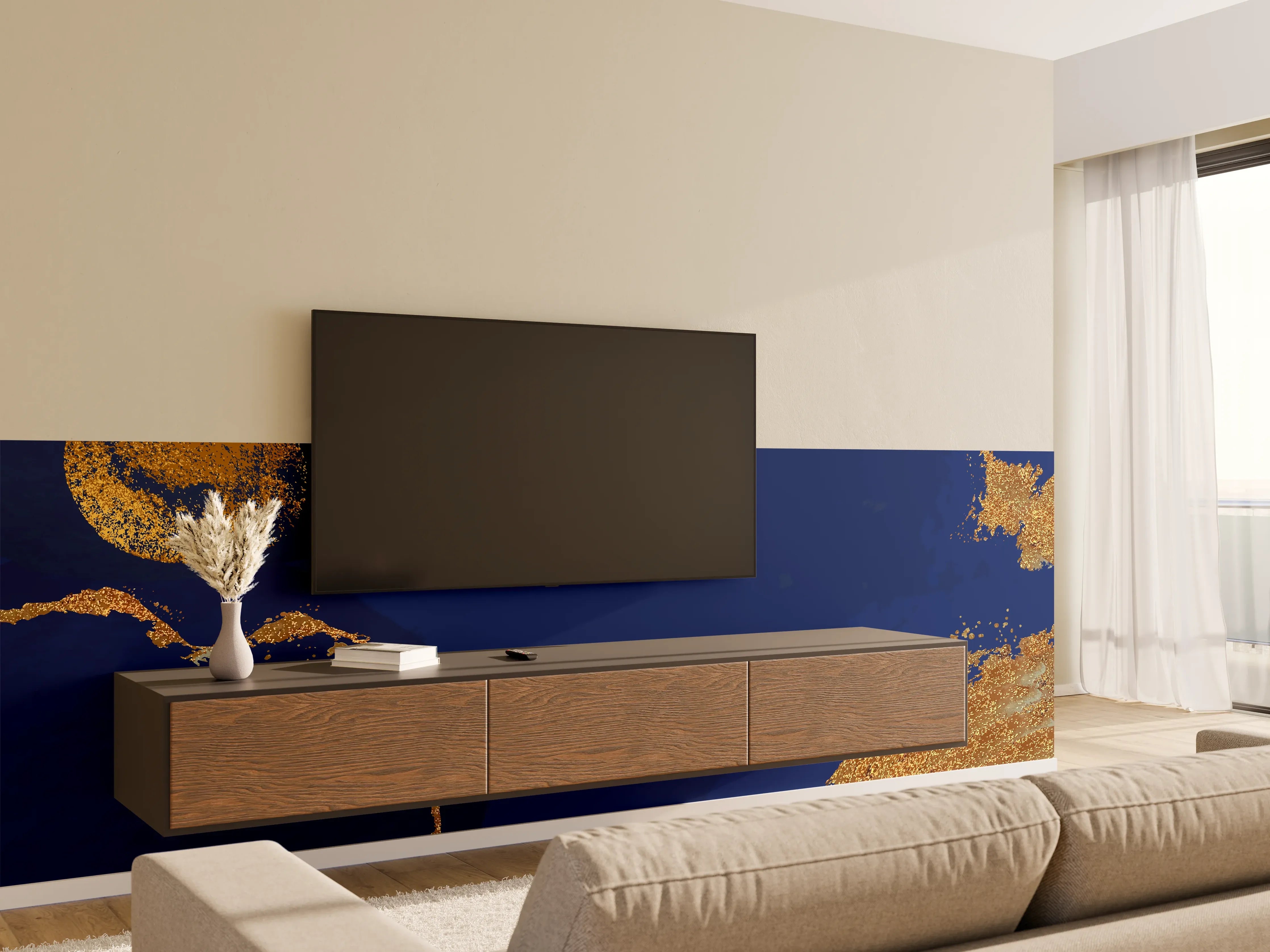 Wandverkleidung Wohnzimmer - Gold-Blauer Abstrakter Entwurf