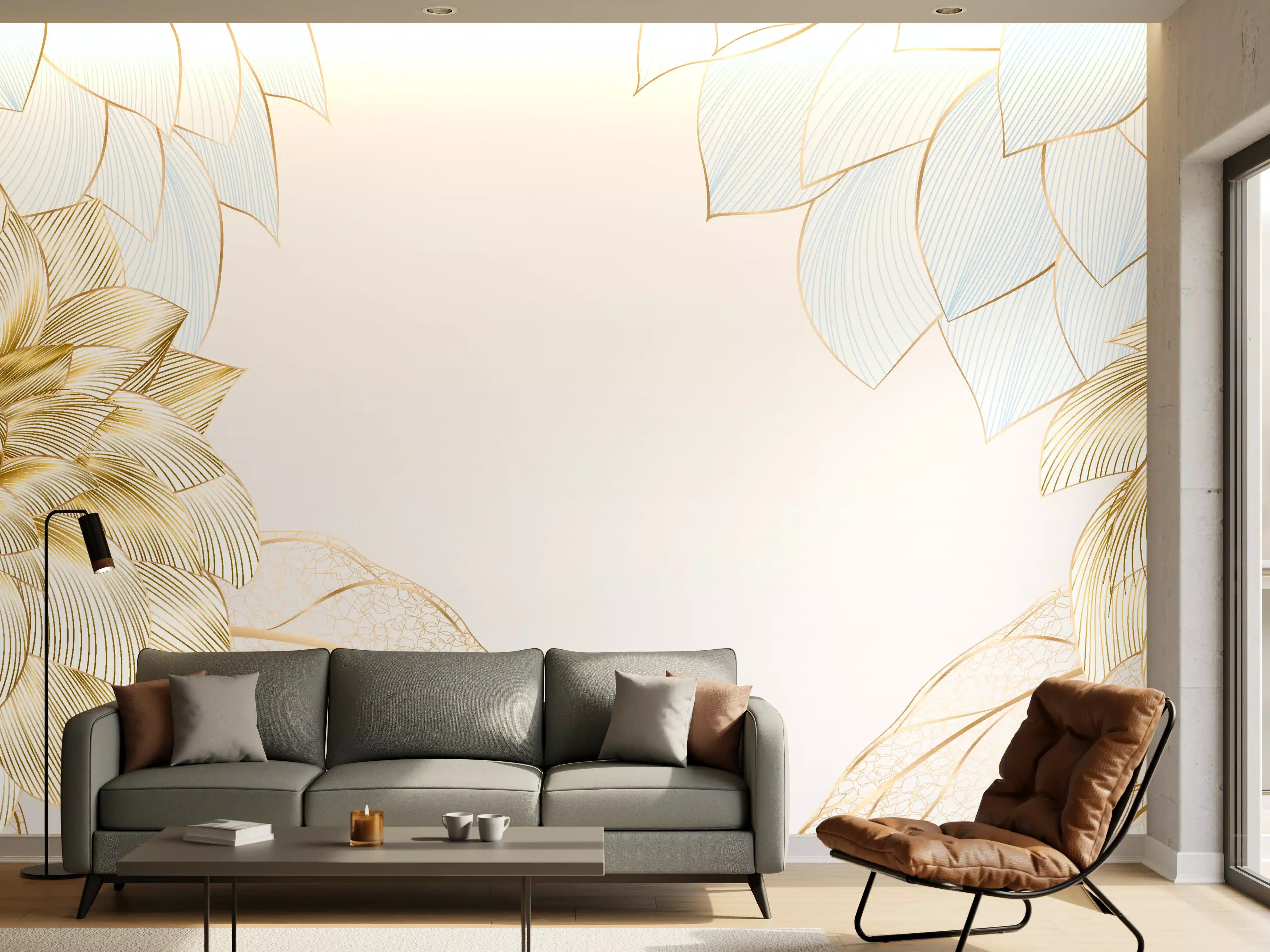 Wandverkleidung Wohnzimmer - Gold-Weiß Floral Design