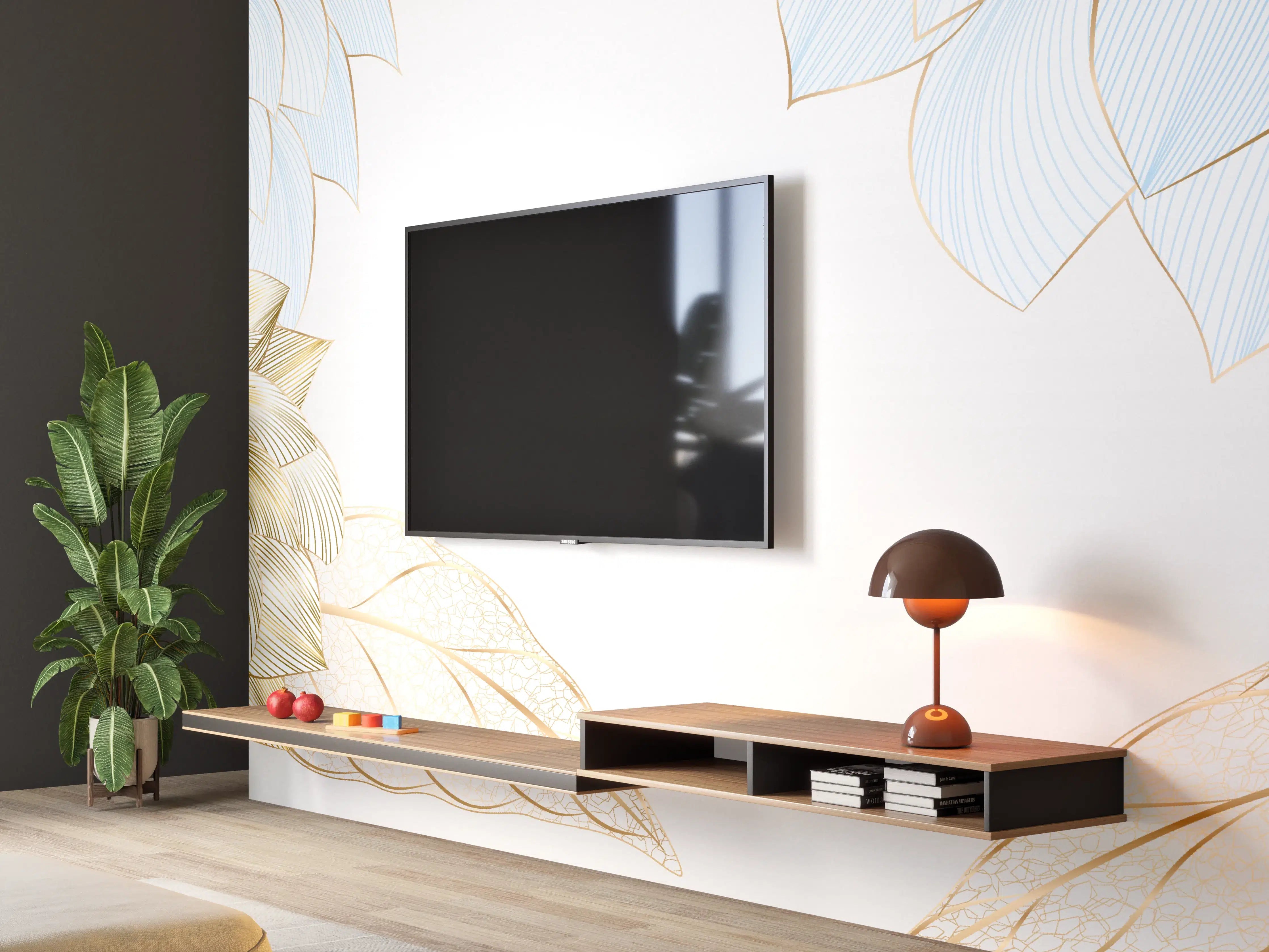 Wandverkleidung Wohnzimmer - Gold-Weiß Floral Design
