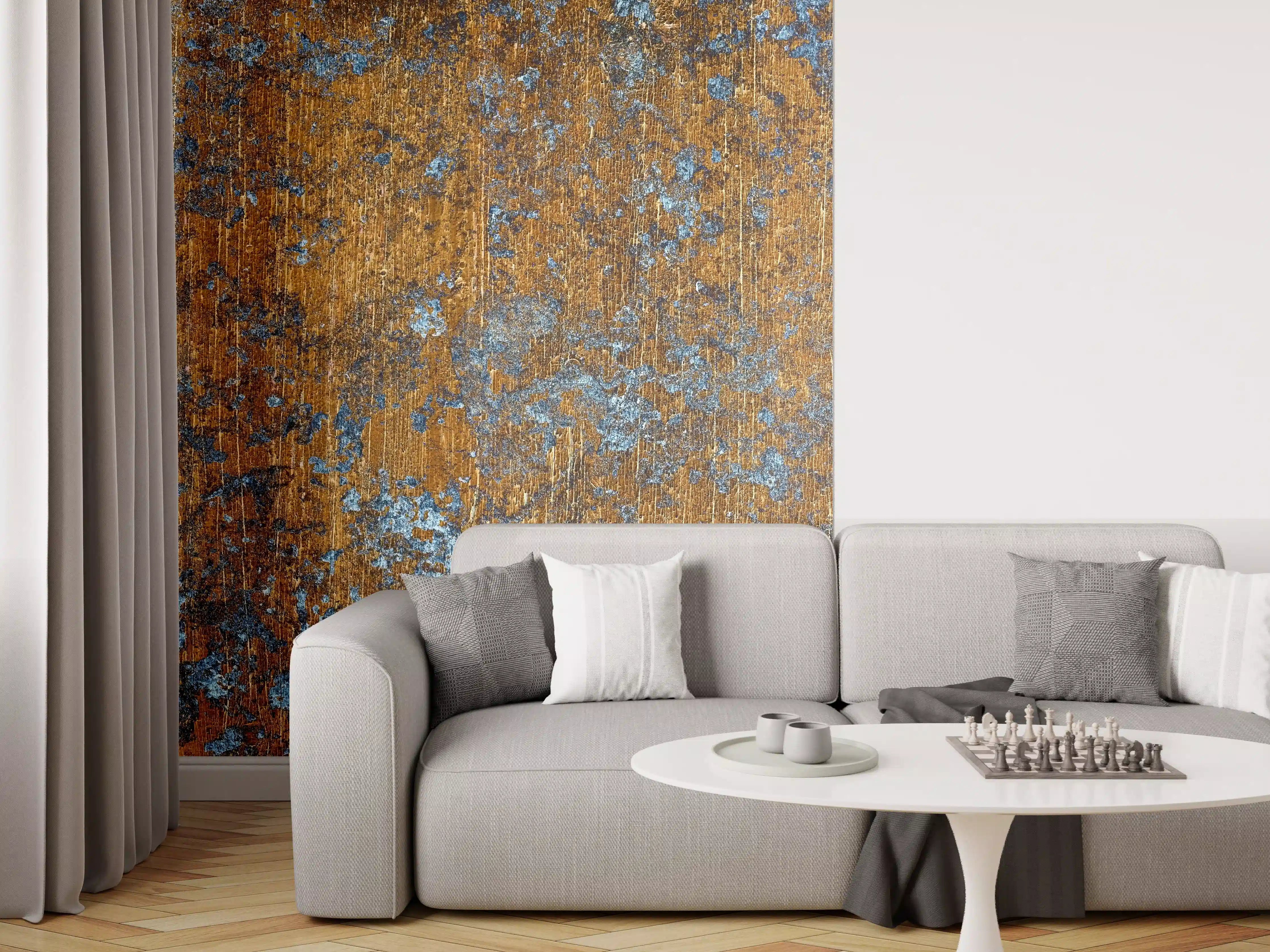 Wandverkleidung Wohnzimmer - Gold-blaue alte Metalltextur