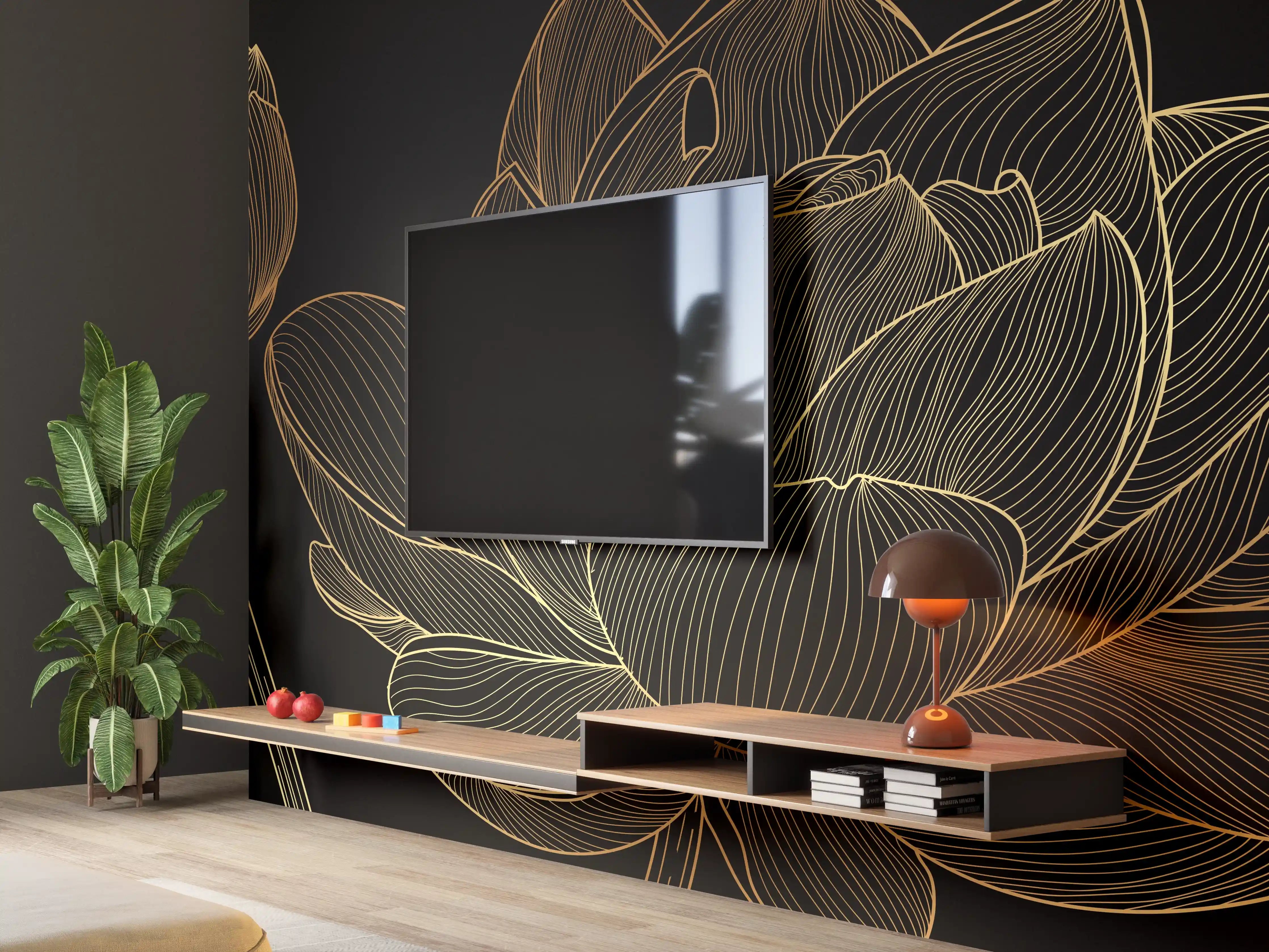 Wandverkleidung Wohnzimmer - Golden Floral Lineart