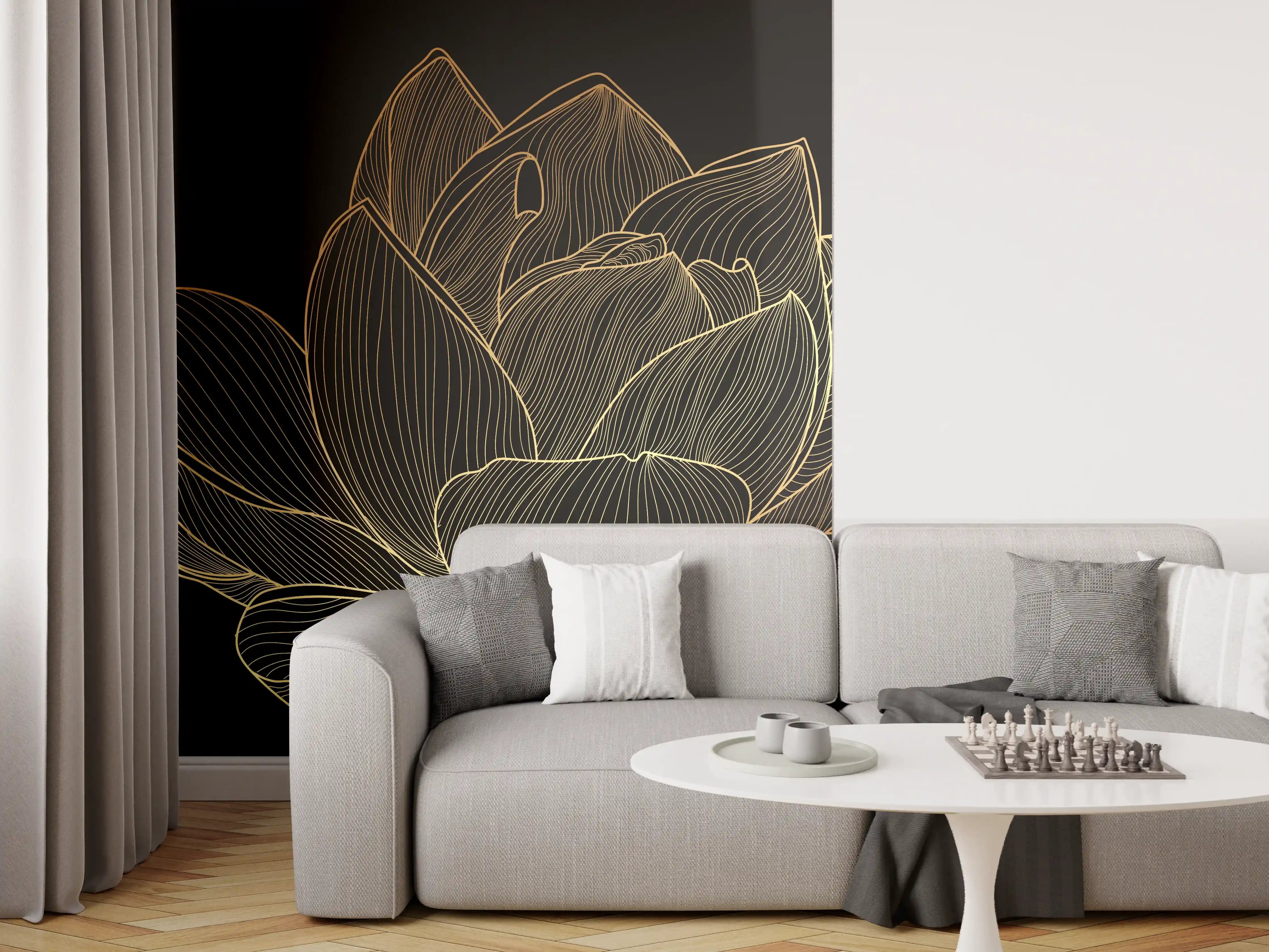 Wandverkleidung Wohnzimmer - Golden Floral Lineart