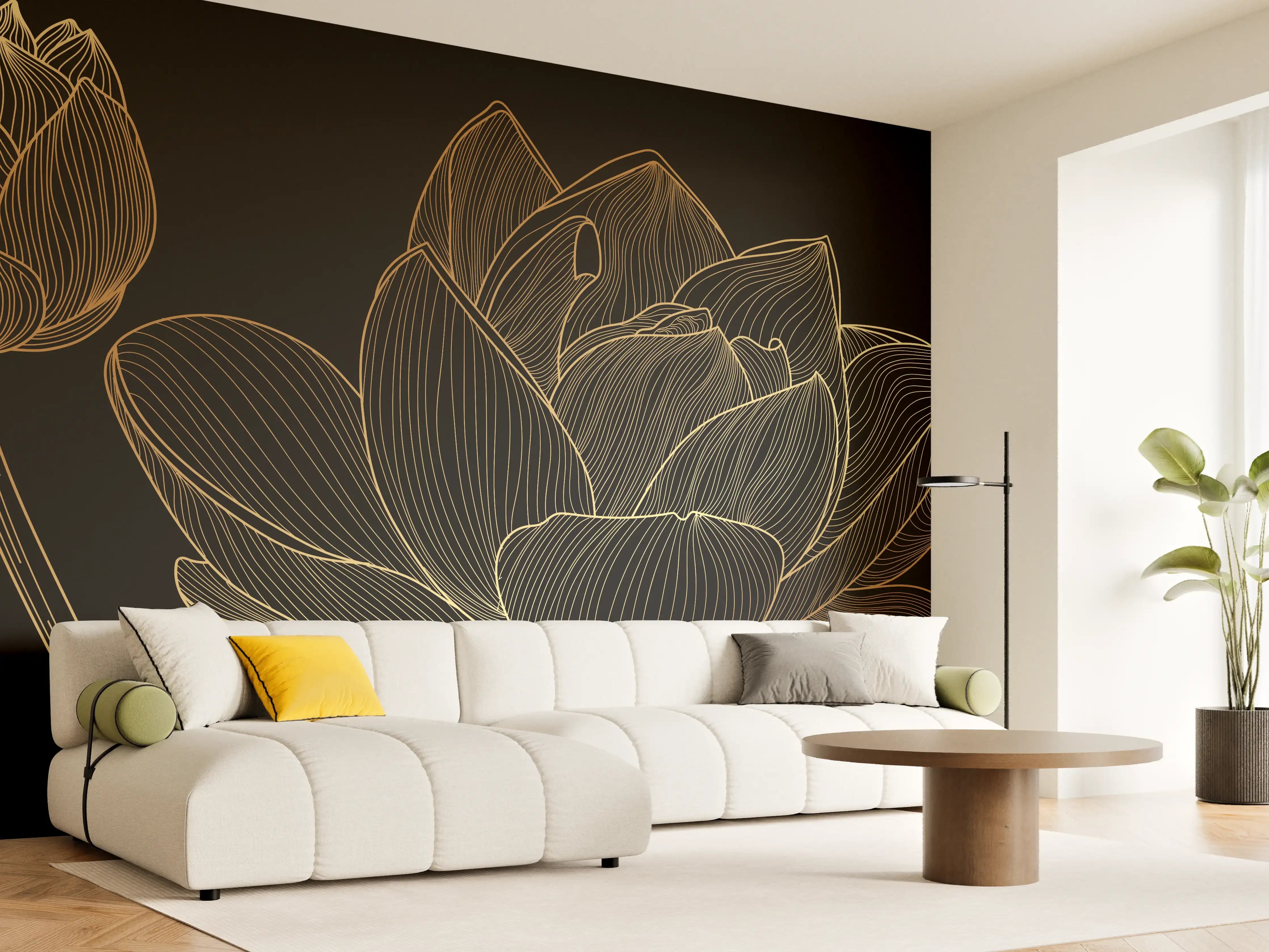 Wandverkleidung Wohnzimmer - Golden Floral Lineart